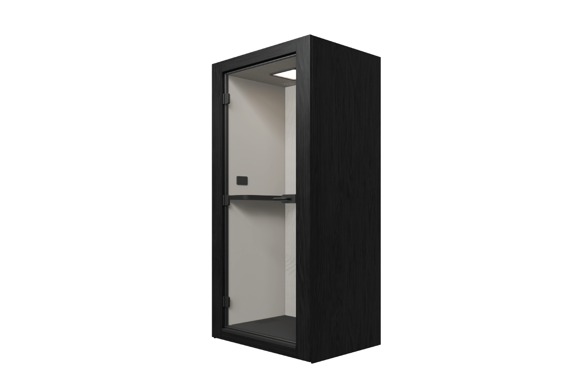 XFrame Classic Booth with a black laminate exterior lining, grey grooved PET interior lining, with a full glass door, a black desk, isometric right view.