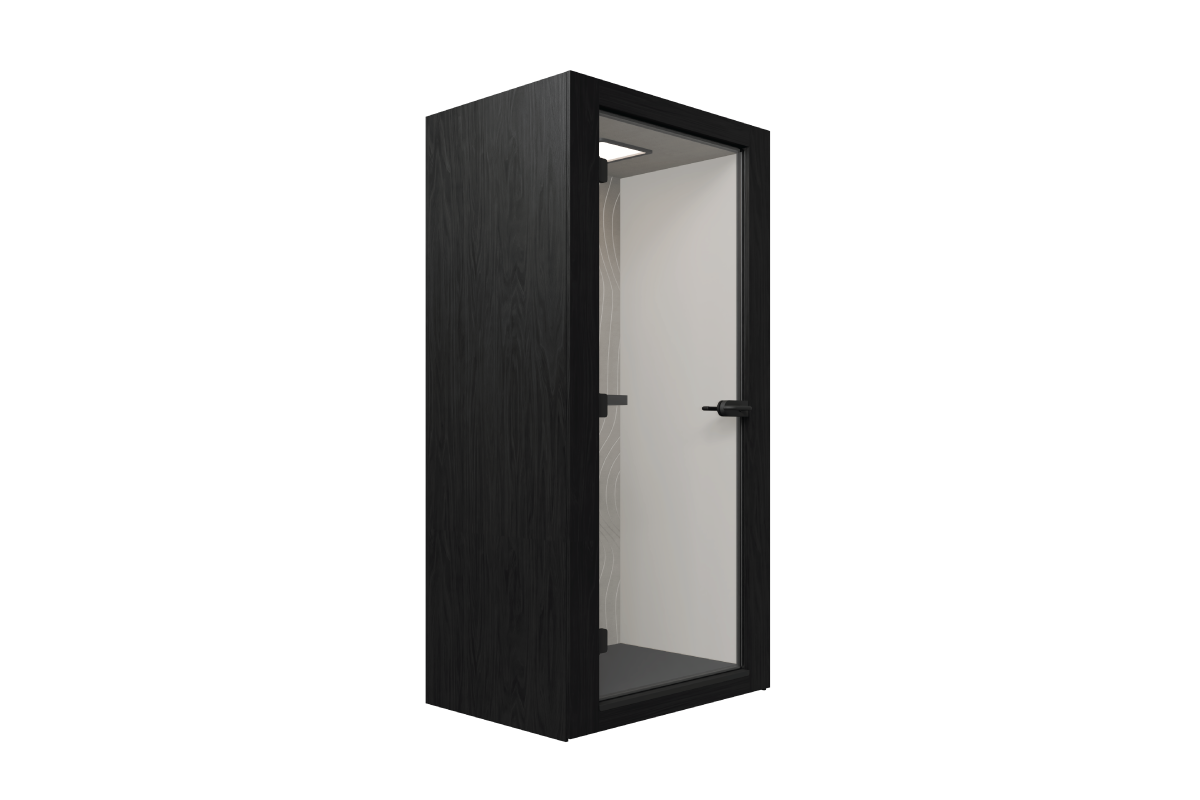 XFrame Classic Booth with a black laminate exterior lining, grey grooved PET interior lining, with a full glass door, isometric left view.