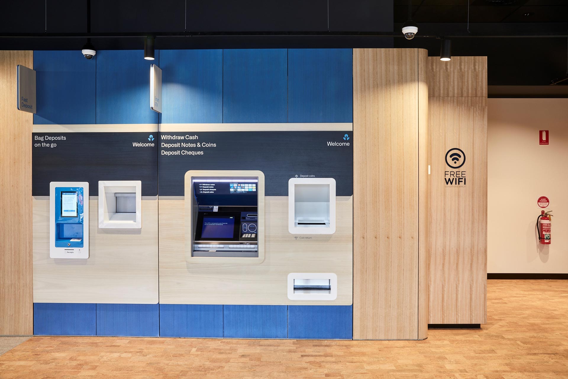 Front facing close up of the Fast Deposit and Smart ATM made out of XFrame Wall Linings in ANZ Springvale.