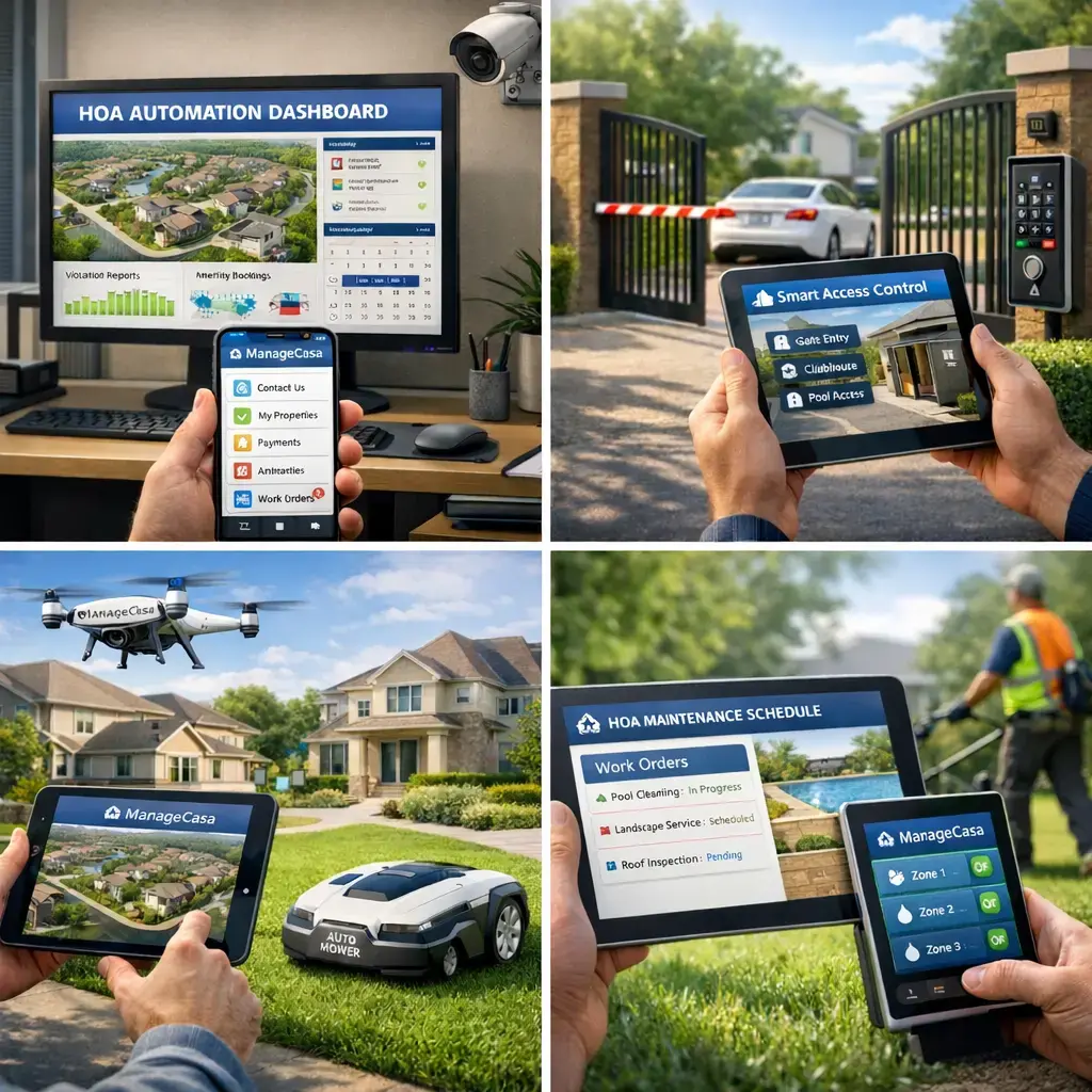 ManageCasa HOA automation software displaying smart access control, maintenance work orders, and community management tools