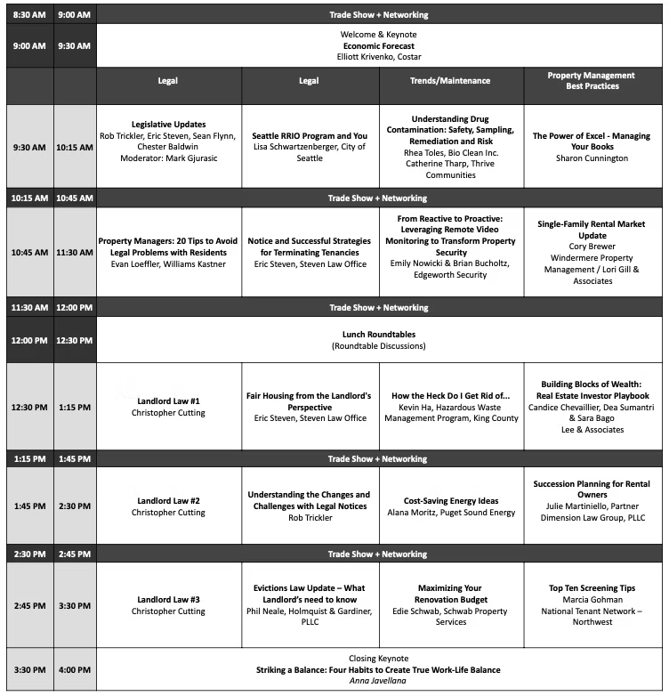 Full-day session schedule for the 2025 PNW Property & Innovations Trends Conference showing keynote, legal workshops, rental housing updates, property management best-practice sessions, and trade show networking blocks