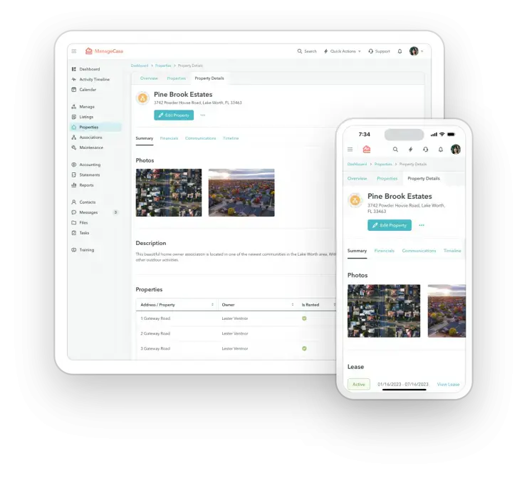 ManageCasa property management dashboard and mobile app showing property details
