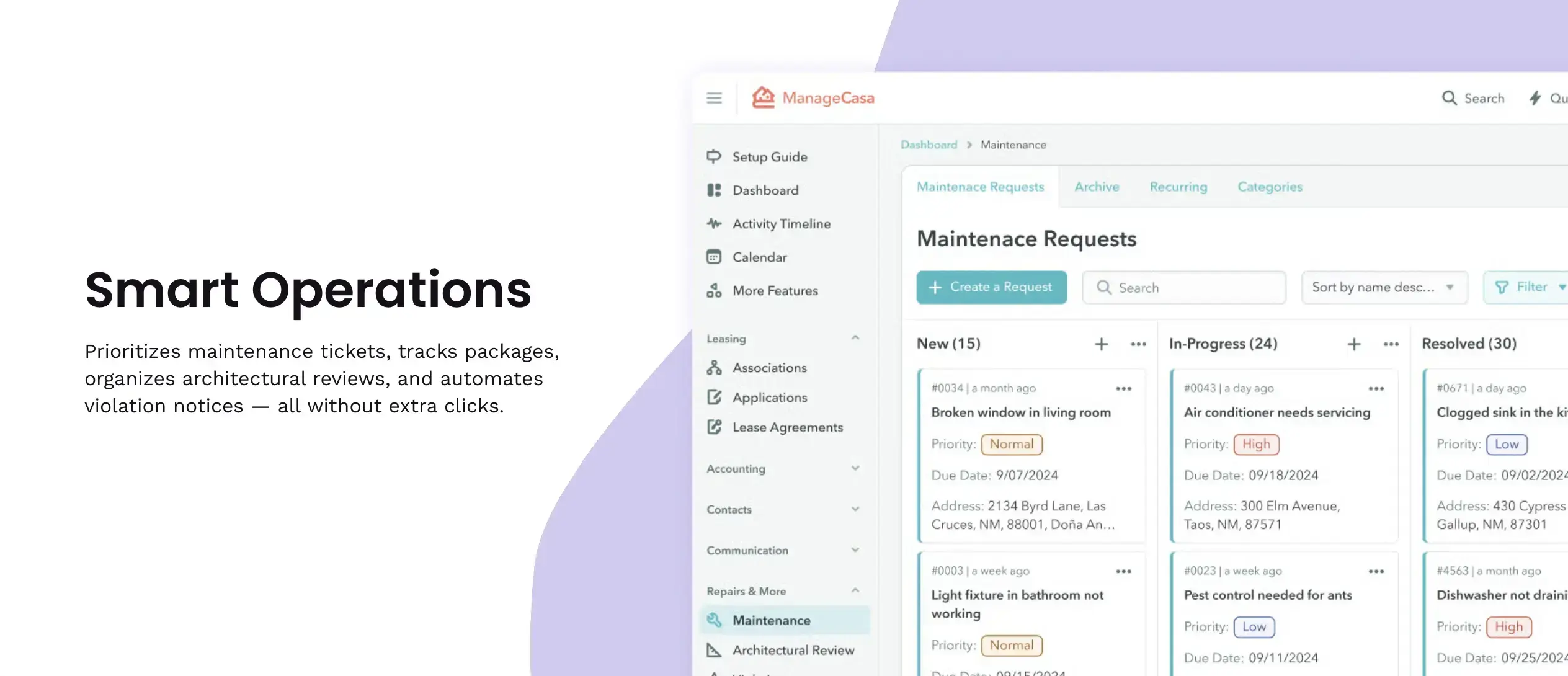 ManageCasa Smart Operations dashboard showing maintenance requests and automated task management for HOA and property managers