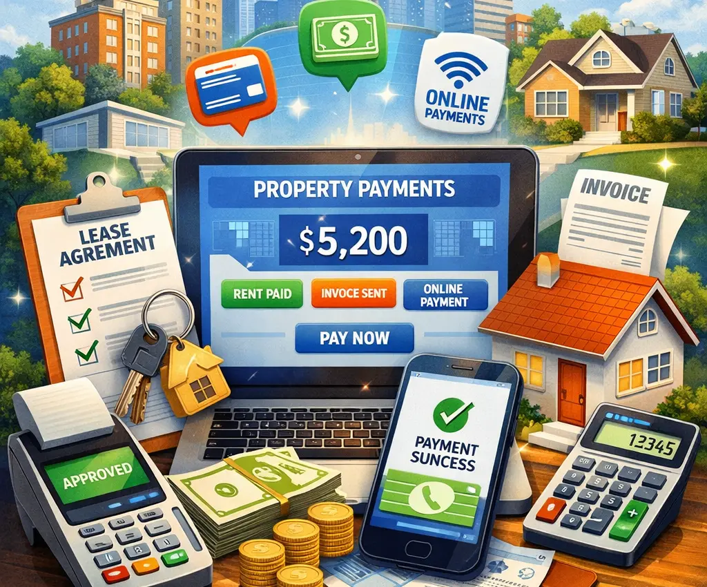 Smart city illustration showing residential communities and urban properties managed through ManageCasa property management software.