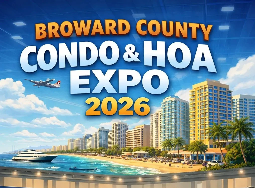 Broward County Condo & HOA Expo 2026 event banner featuring beachfront skyline, high-rise condos, and community management exhibition booths