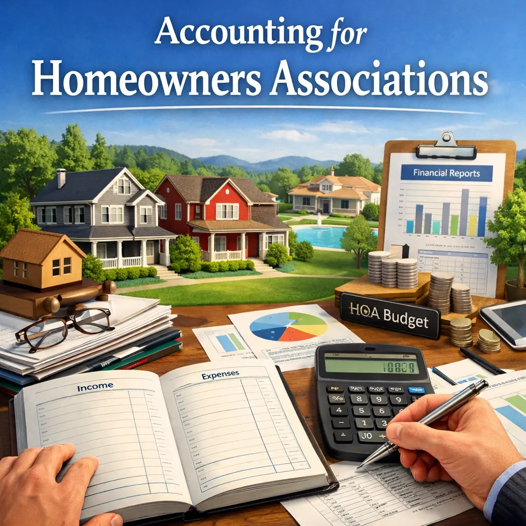 Accounting for Homeowners Associations concept image showing suburban homes, financial reports, charts, calculator, and HOA budget documents on a desk representing community financial management.Accounting for Homeowners Associations concept image showing 