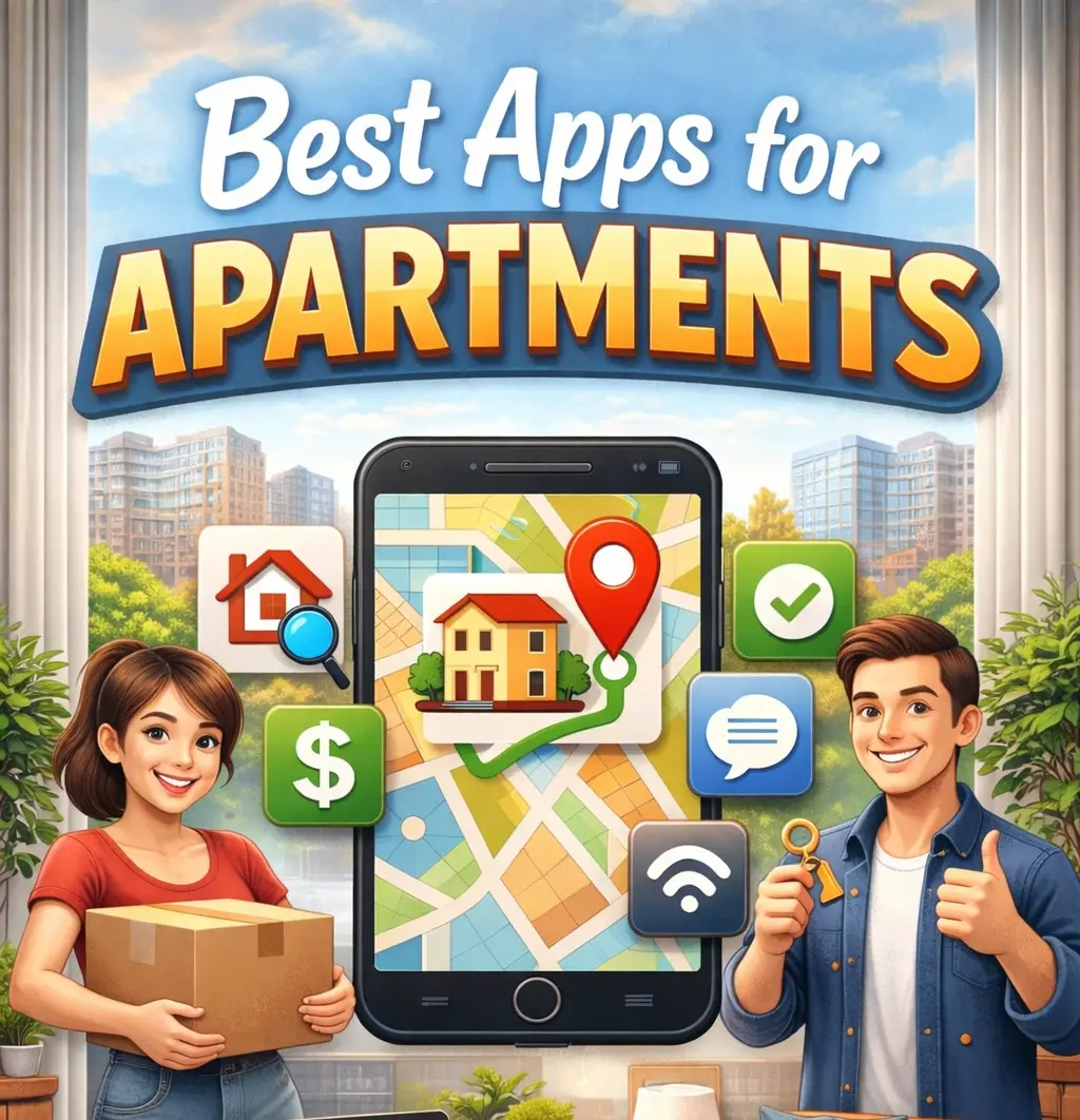 Illustration of “Best Apps for Apartments” showing a smartphone with a map and home location pin, surrounded by icons for rent, messaging, search, and Wi-Fi, with two people holding a moving box and a key inside a modern apartment setting.