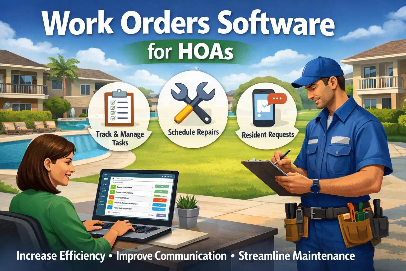 Work Orders Software for HOAs illustration showing a property manager using a laptop and a maintenance technician with a clipboard, with icons for task tracking, repair scheduling, and resident requests in a residential community setting, highlighting effi
