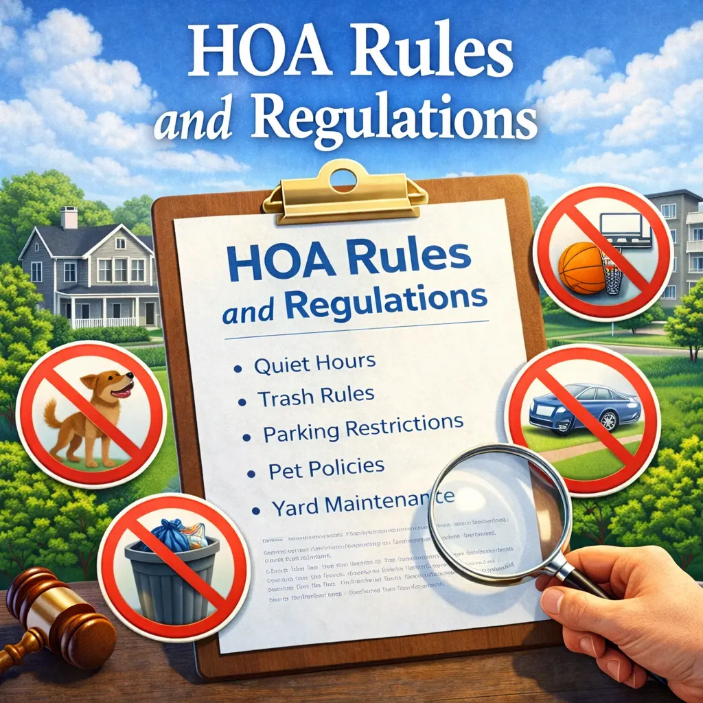 HOA rules and regulations illustration showing a clipboard with community policies, surrounded by prohibition icons (no pets, no trash, no parking issues, no basketball), with suburban homes in the background and a magnifying glass reviewing the rules.