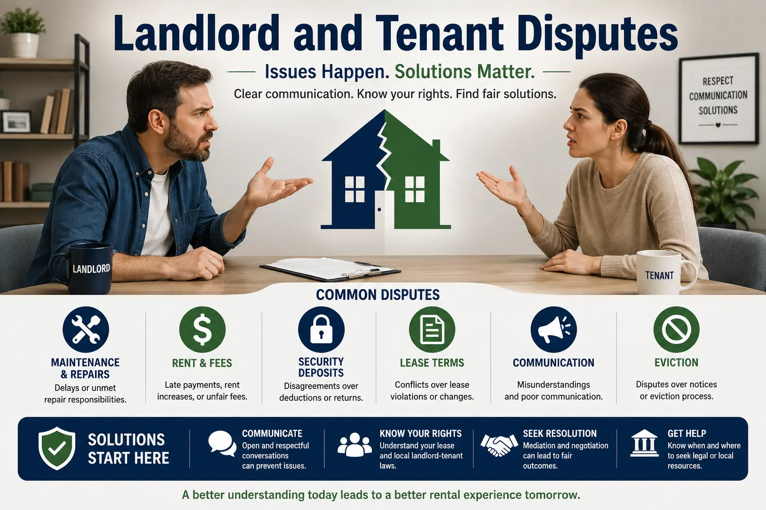 Illustration of a landlord and tenant arguing across a table with the title “Landlord and Tenant Disputes,” highlighting common rental conflicts like repairs, rent, deposits, lease terms, communication, and eviction issues.