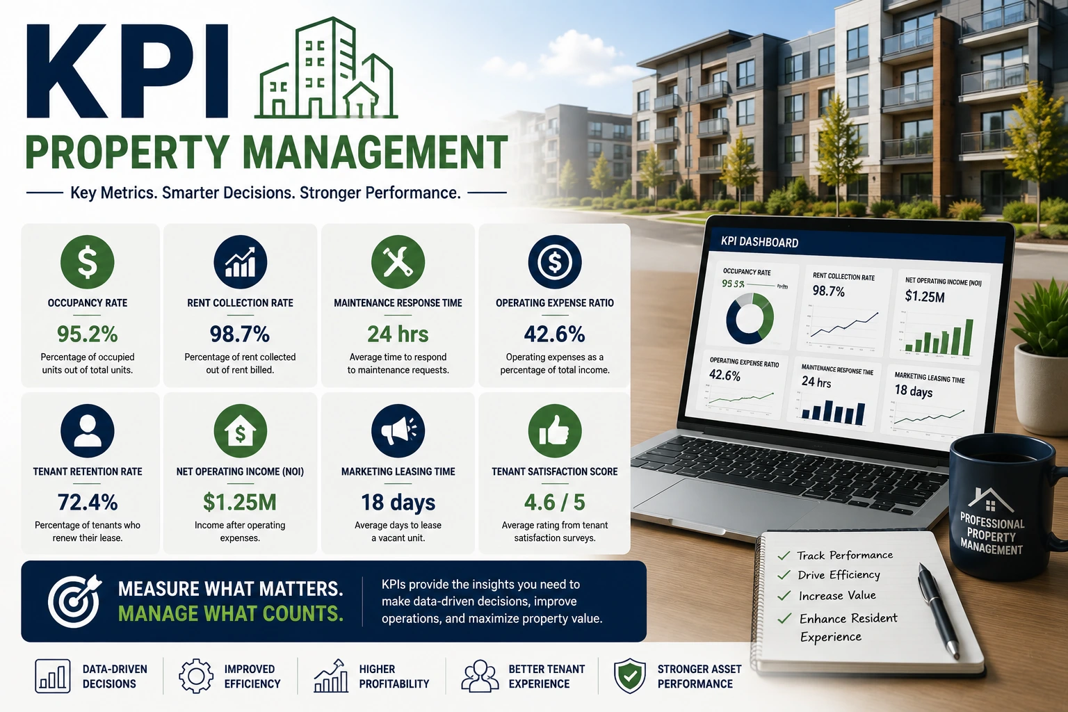 Infographic of KPI property management showing key real estate metrics such as occupancy rate, rent collection, maintenance response time, NOI, tenant retention, and performance dashboards on a laptop screen.
