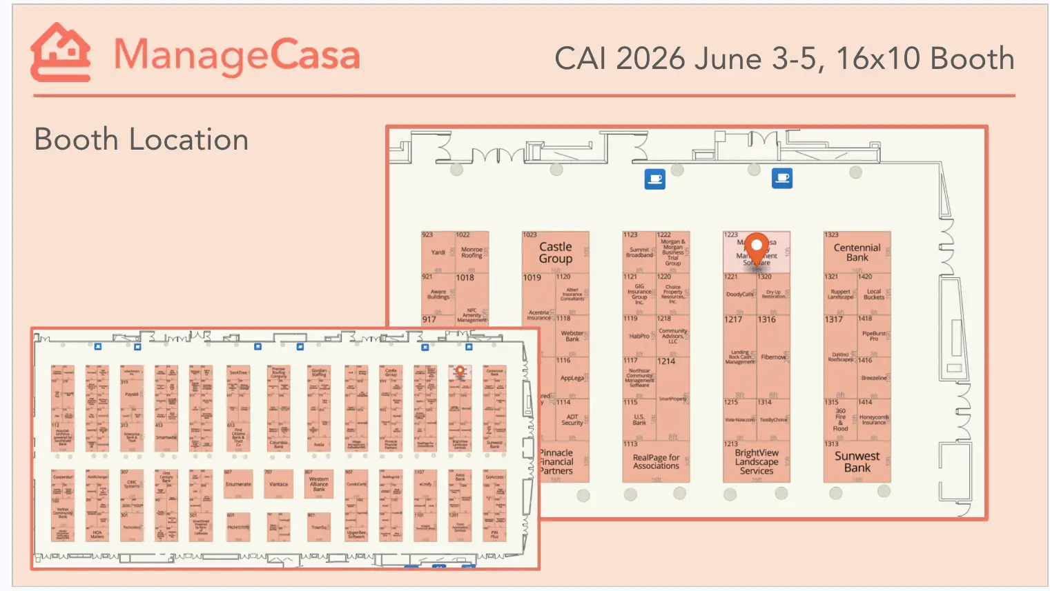 ManageCasa booth location map at CAI 2026 conference showing booth placement on the expo floor plan for HOA and property management software attendees
