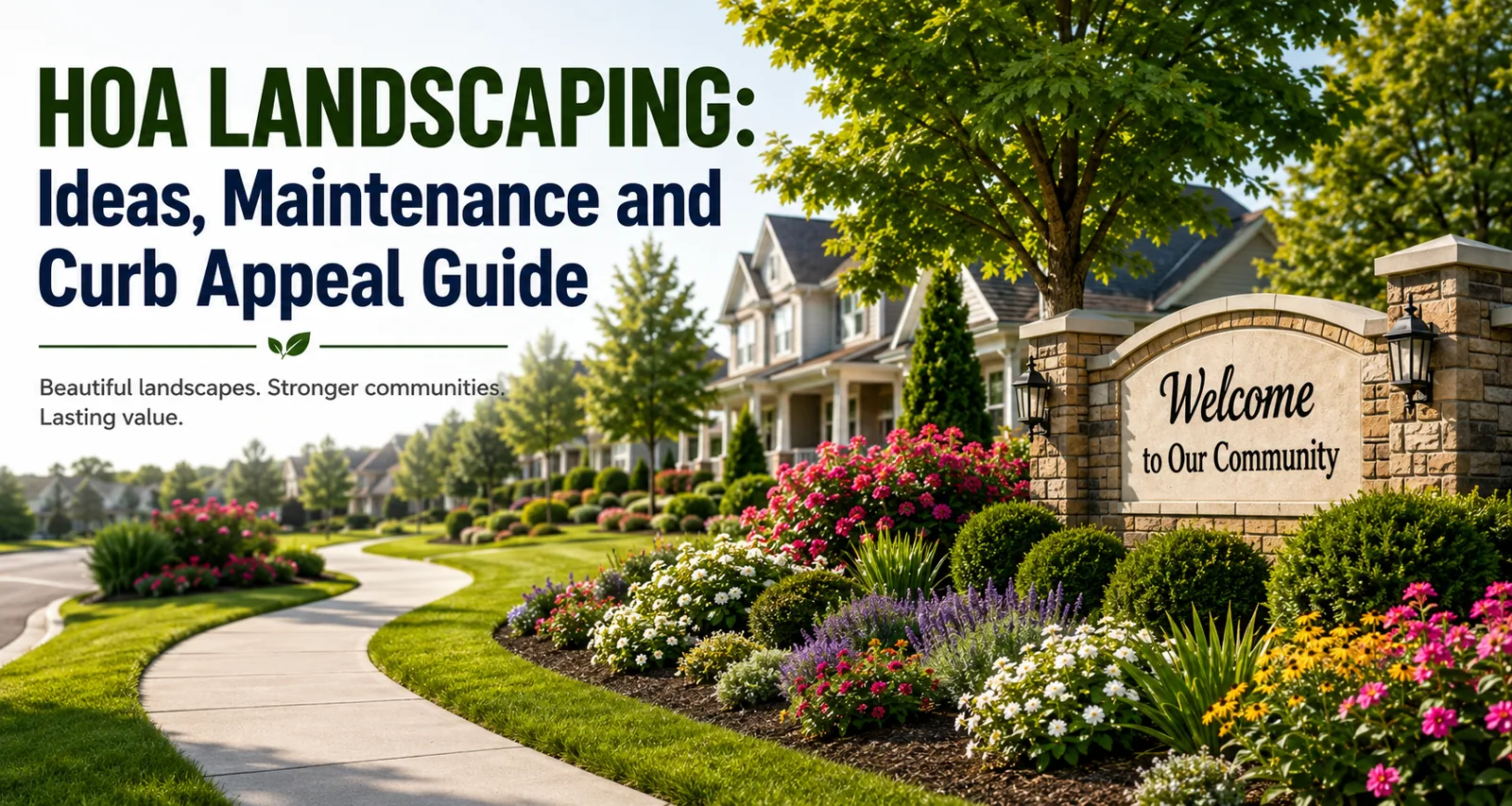 Beautiful HOA community entrance with landscaped flower beds, manicured lawns, tree-lined sidewalks, and a welcome sign promoting HOA landscaping, curb appeal, and community maintenance.