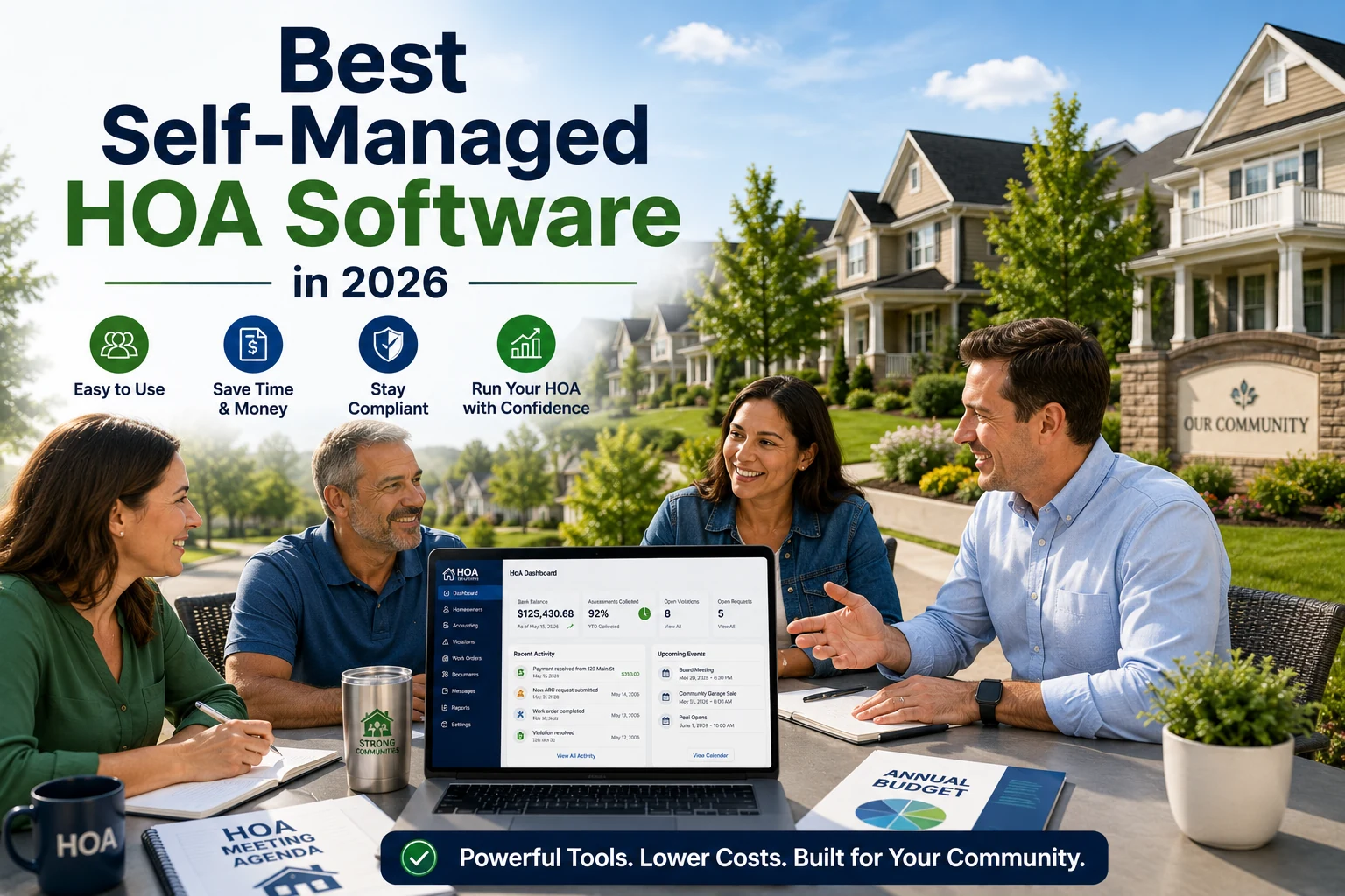 HOA board members reviewing community operations and finances around a table with HOA management software displayed on a laptop, illustrating the best self-managed HOA software solutions for community associations in 2026.