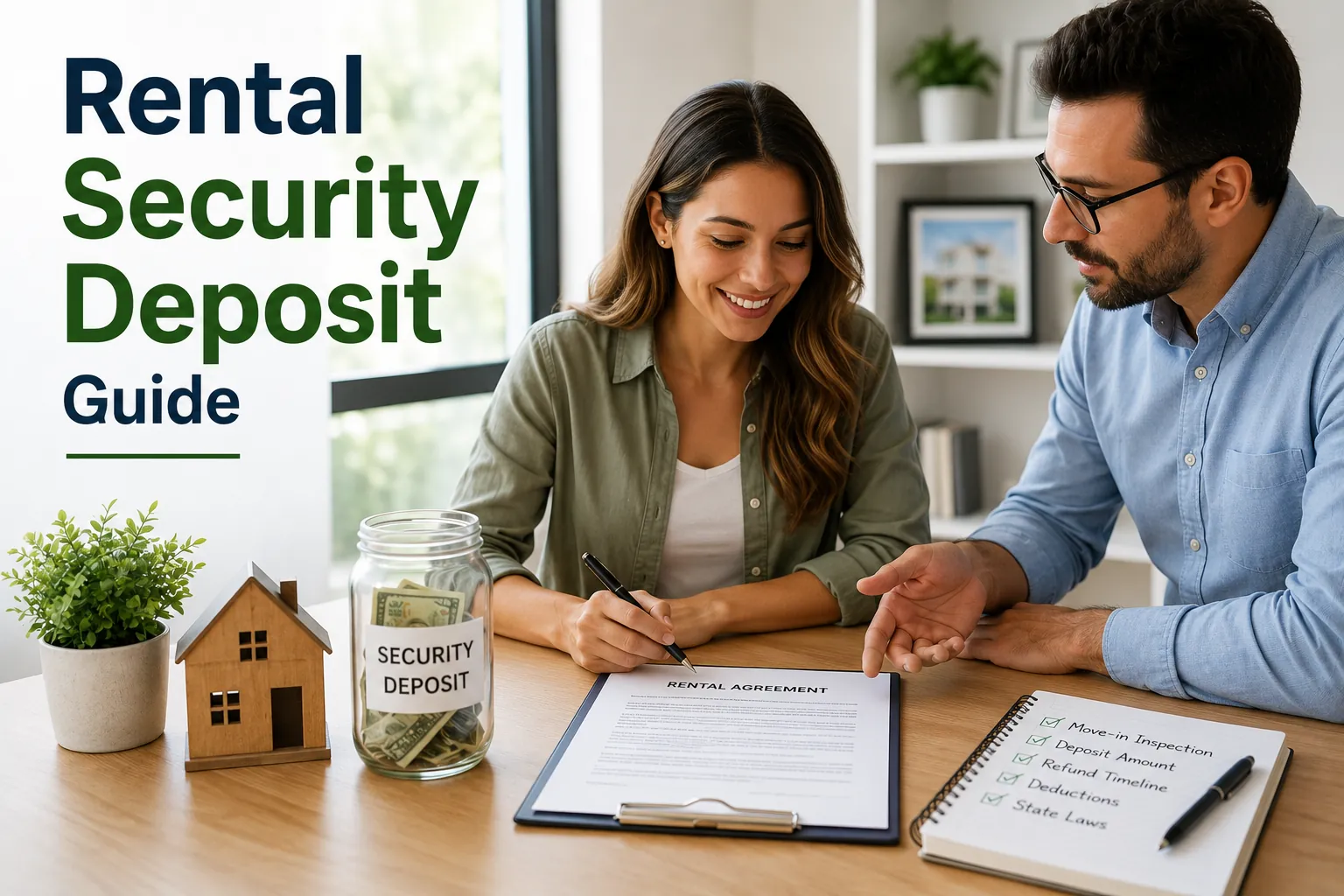 Rental applicant signing a lease agreement while discussing a security deposit with a landlord, featuring a deposit savings jar, rental documents, and a checklist covering move-in inspections, deductions, refunds, and state laws
