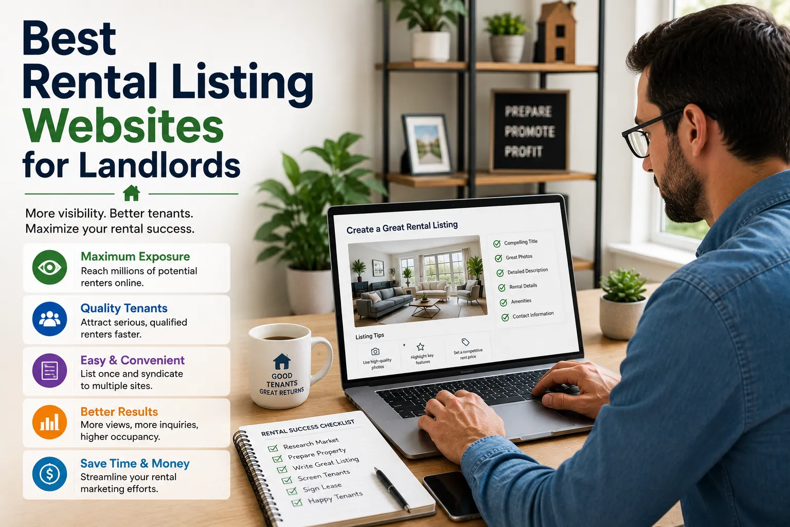 Landlord creating an online rental property listing from a home office workspace, featuring rental marketing tips, tenant screening checklist, and property listing optimization tools for attracting quality renters.