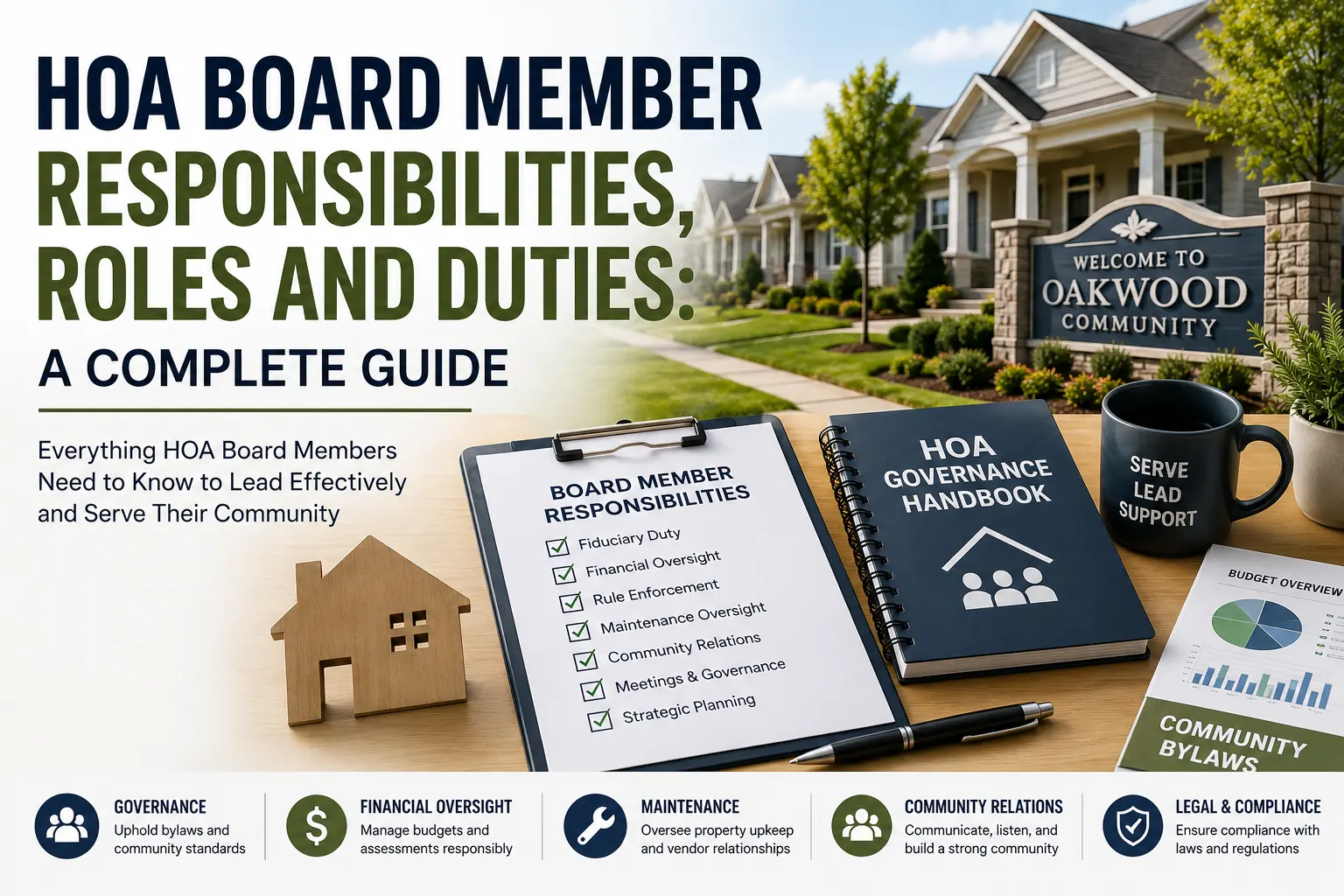HOA board member responsibilities guide featuring community leadership resources, governance handbook, fiduciary duties checklist, financial oversight, rule enforcement, maintenance oversight, community relations, and HOA board governance best practices.