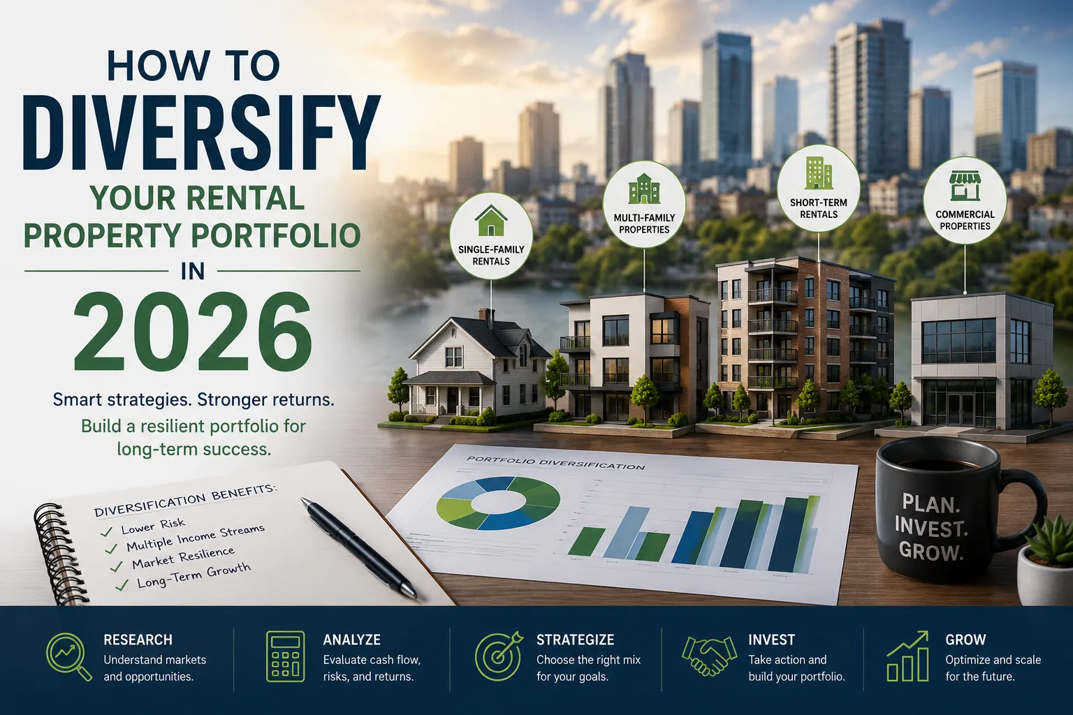 Rental property portfolio diversification guide featuring single-family rentals, multifamily properties, short-term rentals, commercial real estate, investment analysis charts, risk management strategies, and portfolio growth planning for landlords in 2026