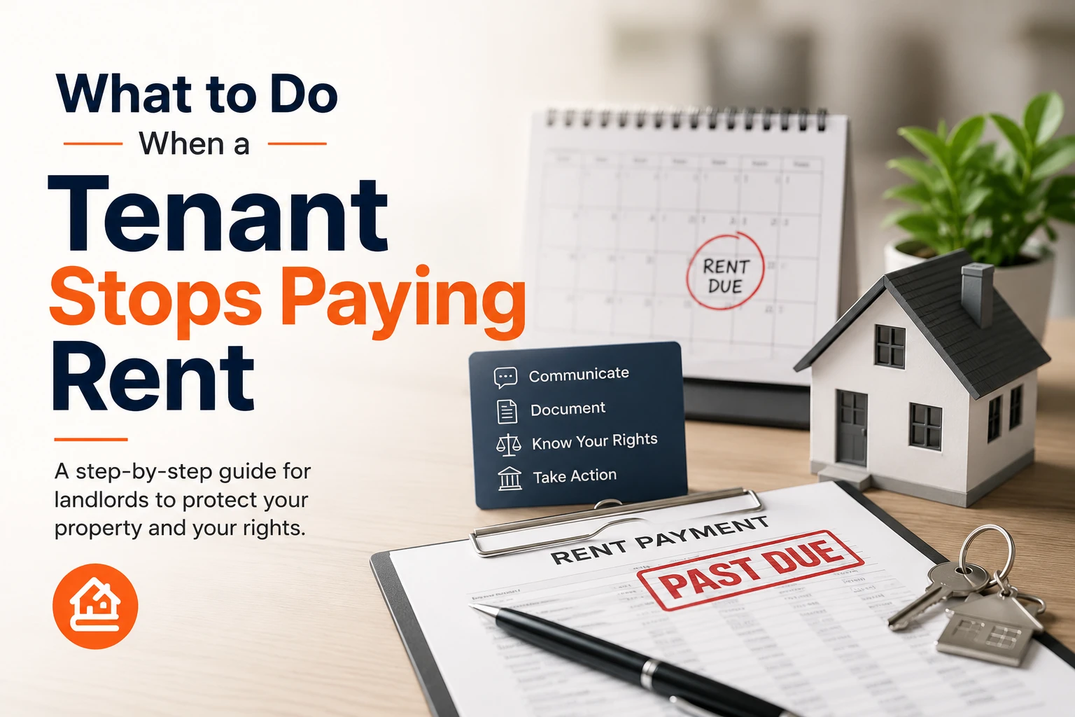 Landlord guide on what to do when a tenant stops paying rent, featuring overdue rent notice, rental property model, rent due calendar, documentation checklist, and legal action steps for property owners.