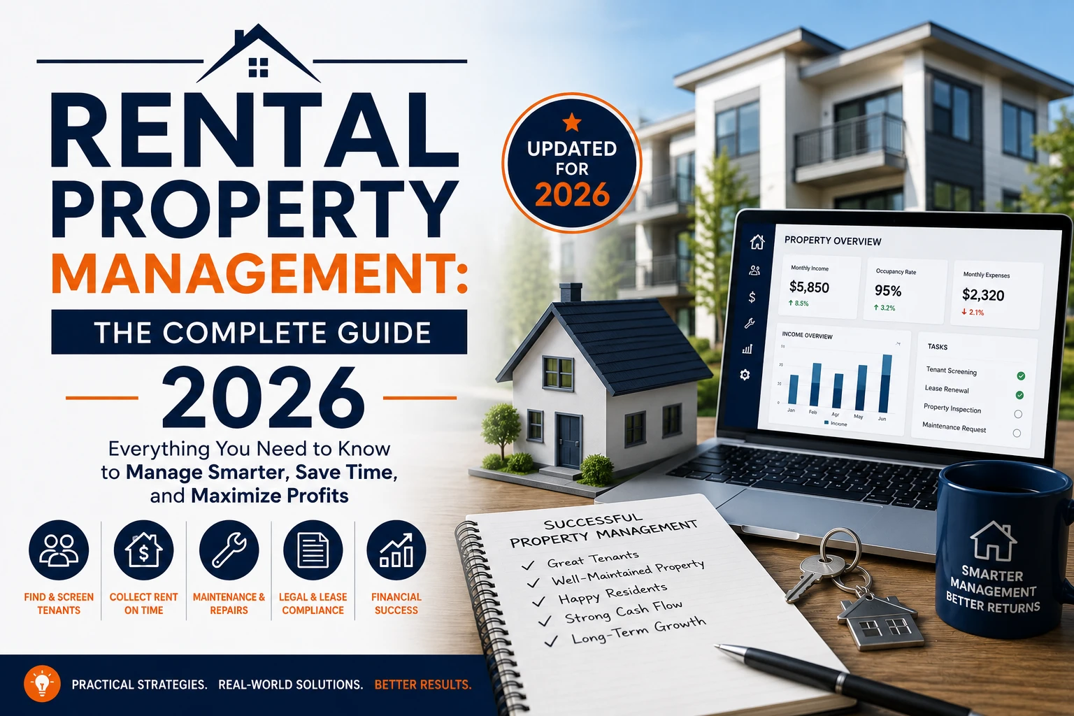 Rental Property Management Complete Guide 2026 featuring property management software dashboard, rental property model, apartment building, landlord checklist, rent collection, maintenance management, tenant screening, lease compliance, and financial repor