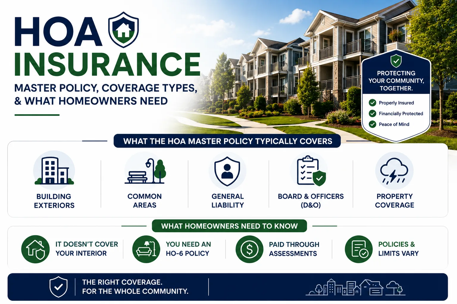 HOA insurance infographic showing HOA master policy coverage, including building exteriors, common areas, general liability, board and officers insurance, and property coverage, with guidance on HO-6 policies and homeowner responsibilities in community ass