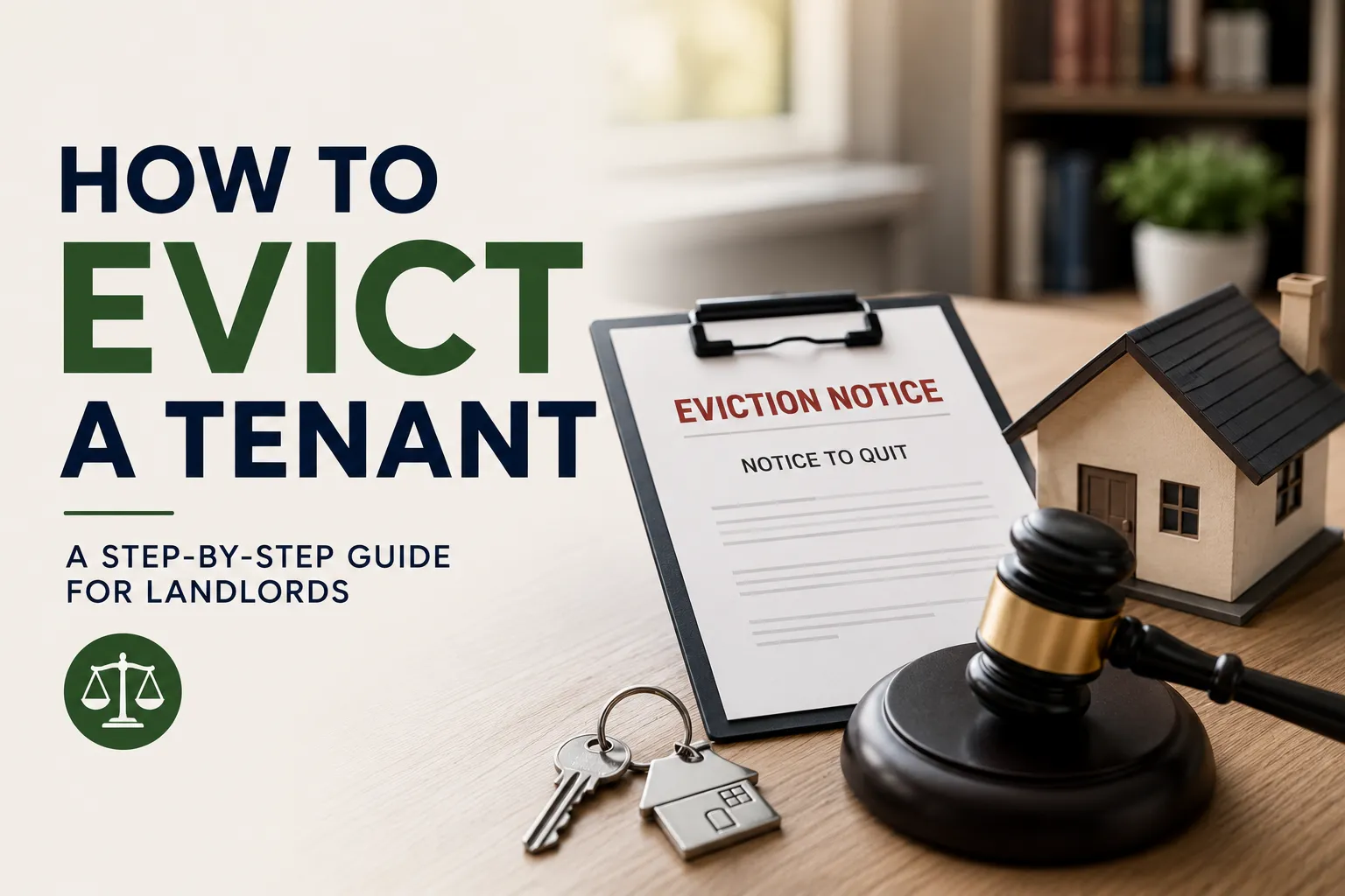 Landlord eviction guide illustration featuring an eviction notice, judge's gavel, house model, and property keys, representing the legal tenant eviction process for rental property owners.