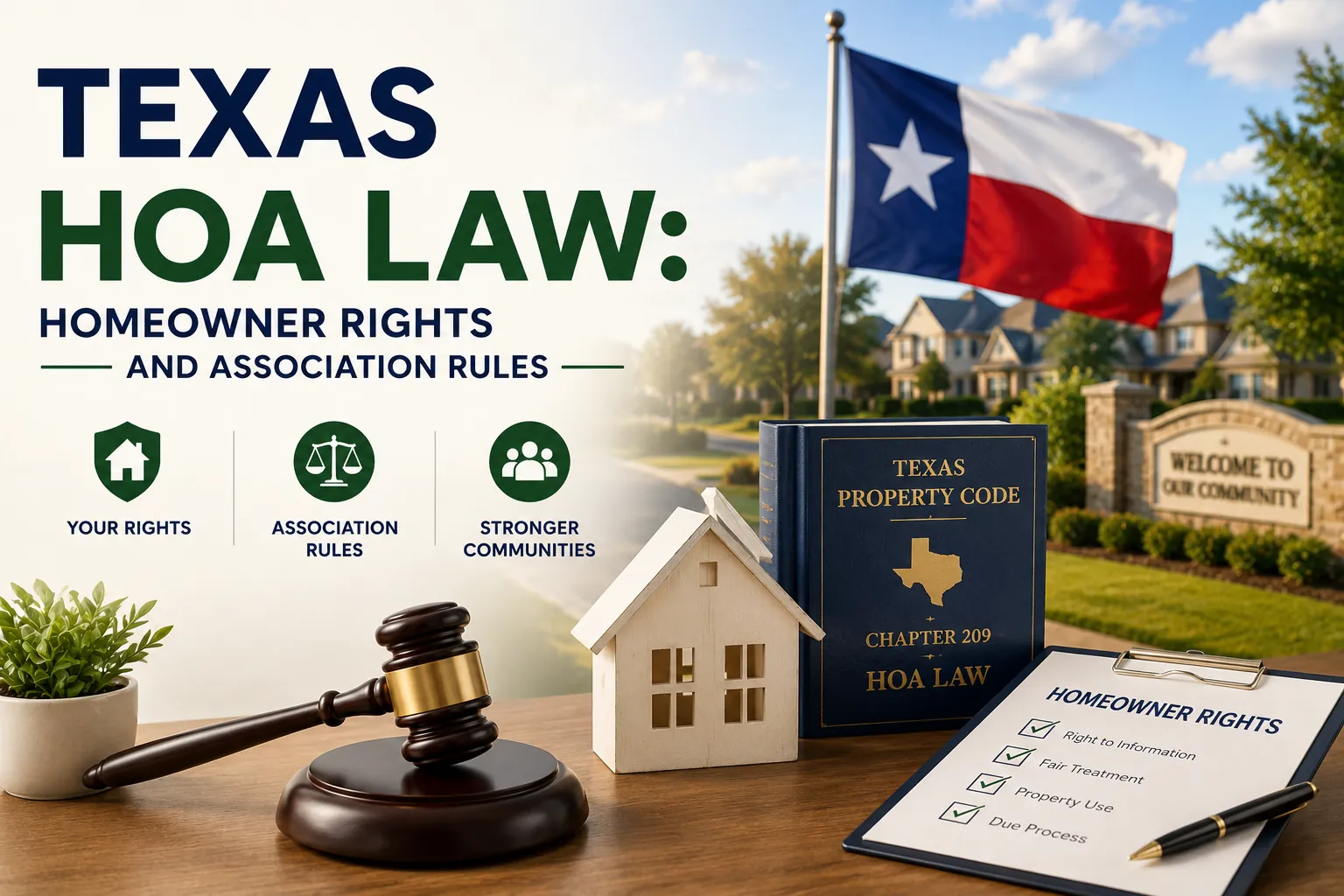Texas HOA law guide illustration featuring a Texas flag, homeowner rights checklist, HOA legal handbook, gavel, and residential community, representing homeowner rights and association rules in Texas HOAs.