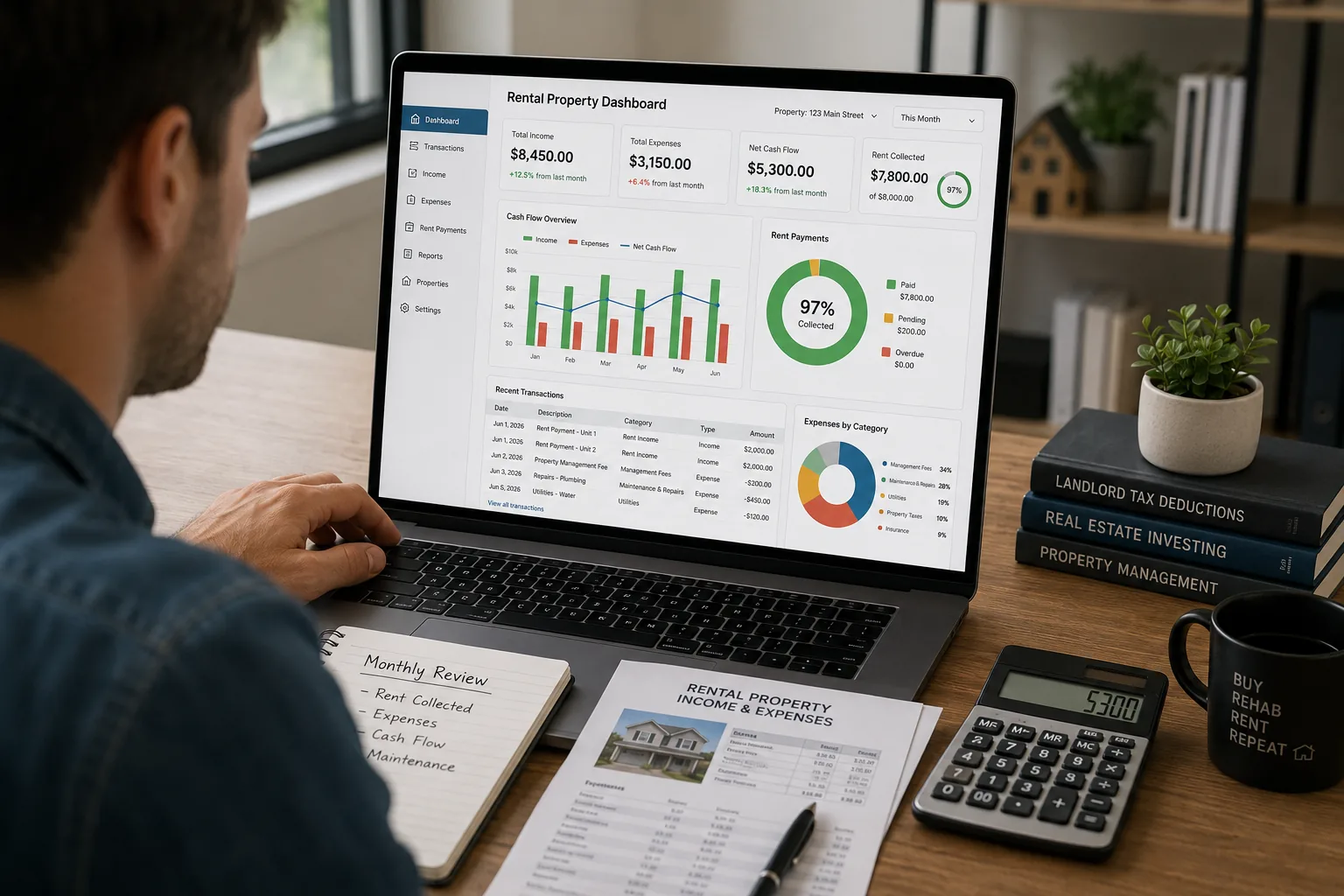 Landlord reviewing rental property accounting dashboard with income, expenses, cash flow, and rent payment records