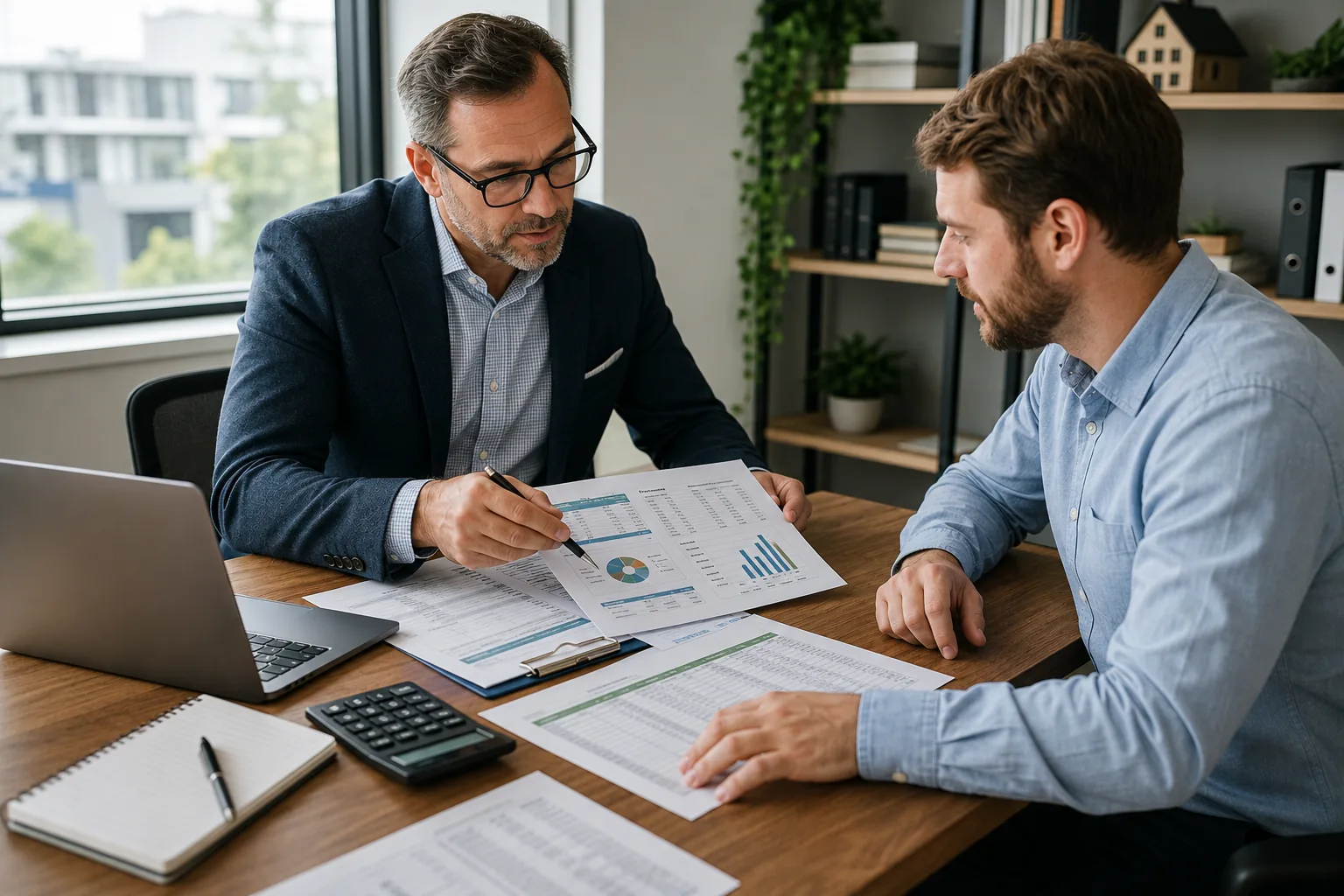 Property owner and accountant reviewing rental property financial reports and tax preparation documents