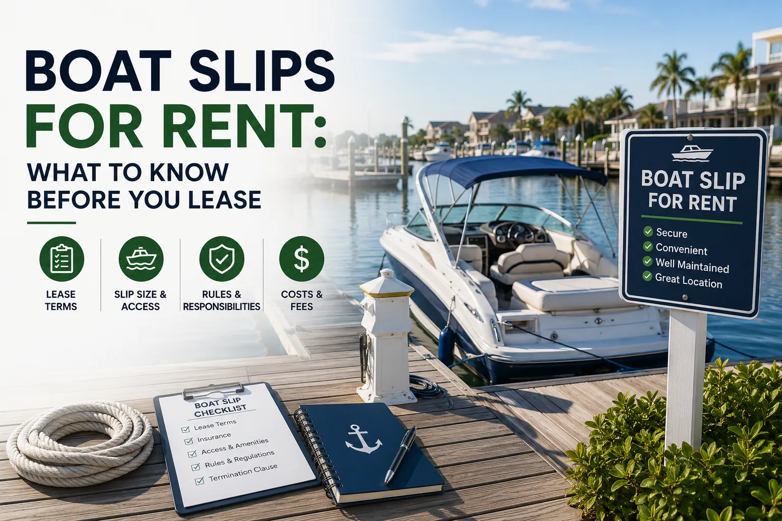 Boat slips for rent at a waterfront marina with docked boat, leasing information, marina amenities, and boat slip rental considerations for prospective renters.