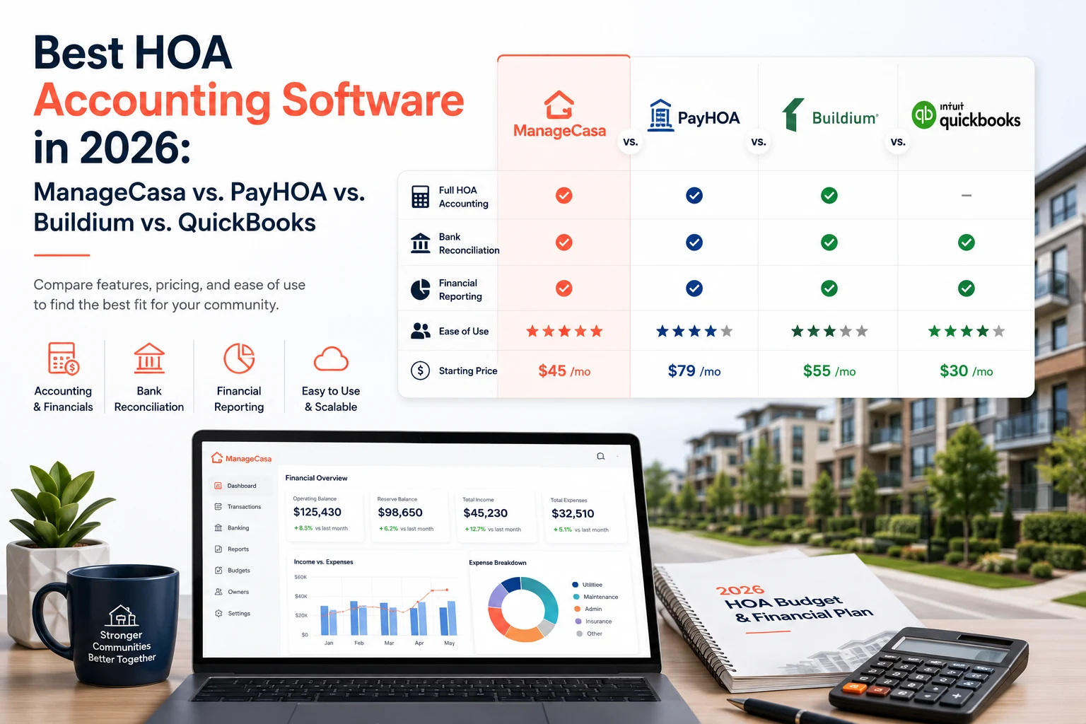 Person holding out hands comparing ManageCasa and Buildium logos, illustrating a property management software comparison.