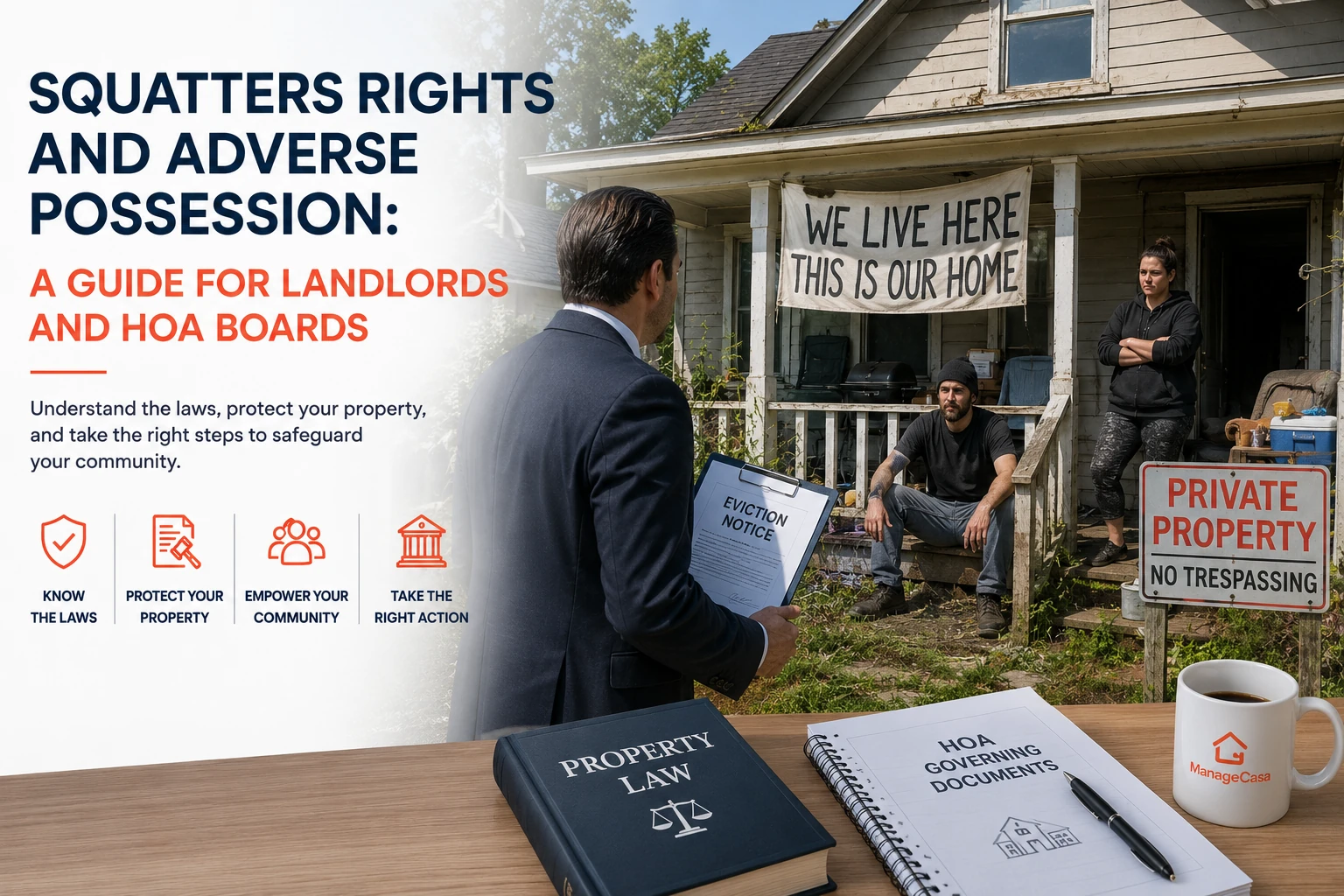 Squatters rights and adverse possession guide showing a landlord confronting squatters at an occupied property while holding an eviction notice, illustrating legal property disputes for landlords and HOA boards