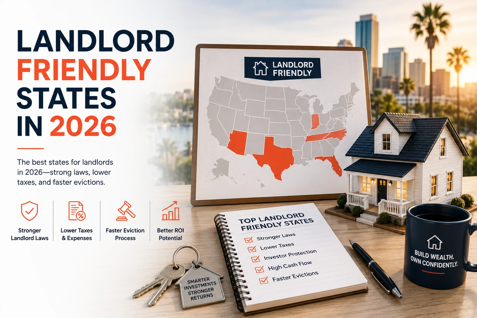 Hero image for Landlord Friendly States in 2026 featuring a U.S. map highlighting landlord-friendly states, a model home, investment checklist, keys, and legal-themed visuals representing favorable rental property laws and investment opportunities.
