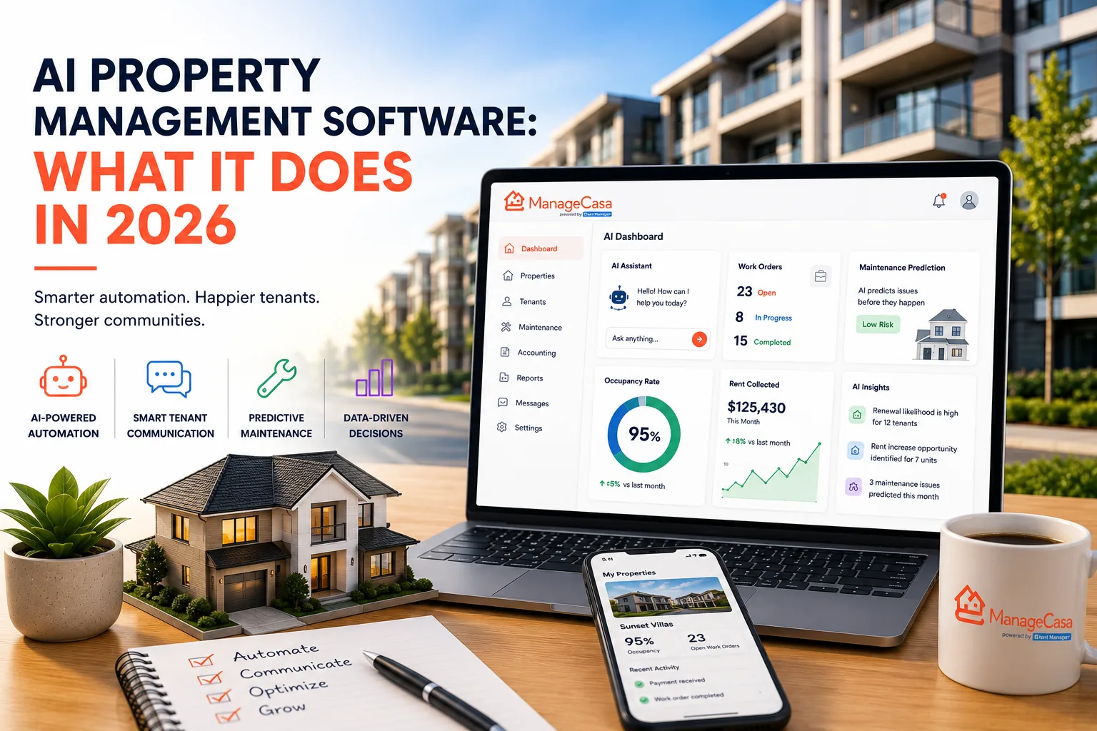 AI property management software dashboard showing automation, tenant communication, predictive maintenance, and property insights for 2026.