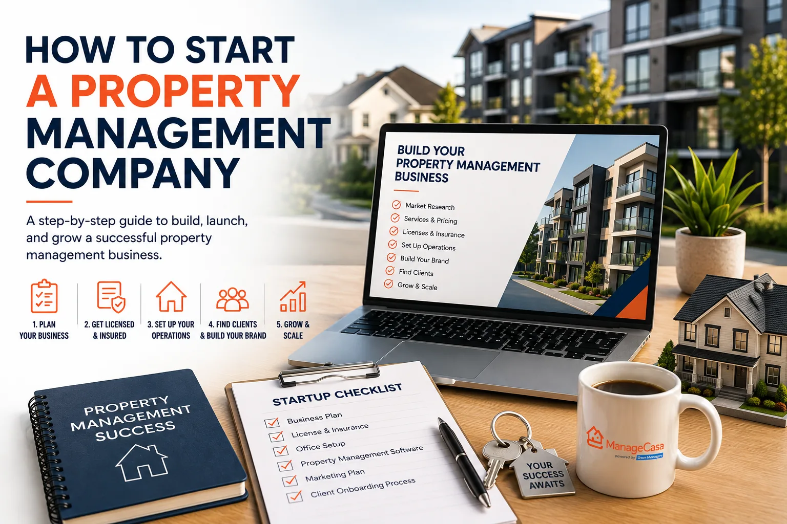 How to start a property management company with a business plan, startup checklist, licensing, operations, and client growth steps.