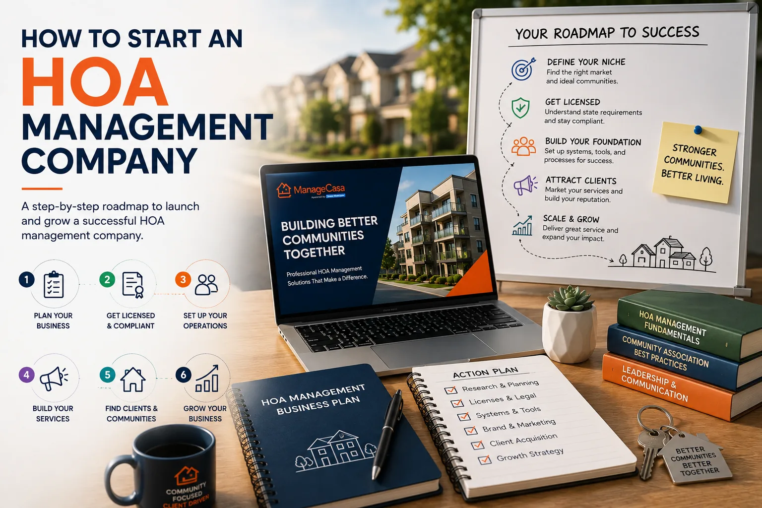 How to start an HOA management company with business planning, licensing, operations, client acquisition, and growth steps.