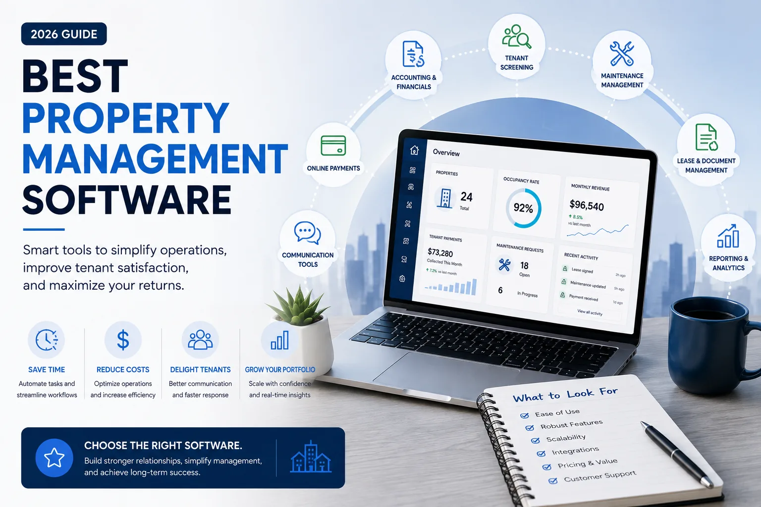 Best property management software 2026 featuring property management tools for accounting, tenant screening, maintenance, payments, communication, and reporting.