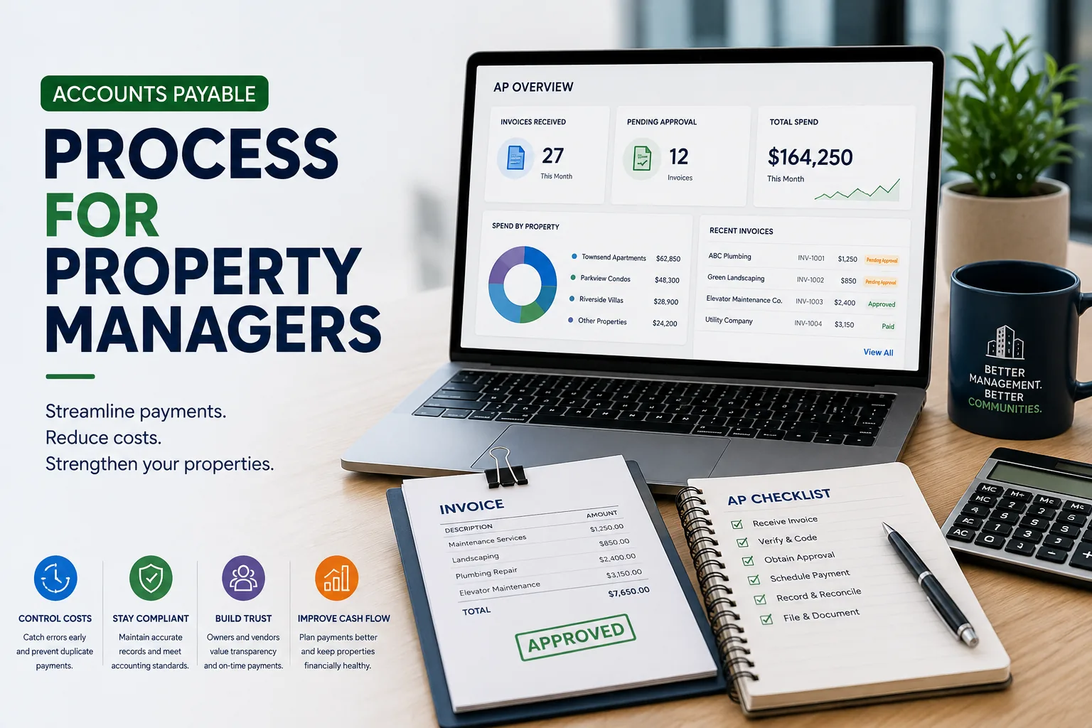 Accounts payable process for property managers showing invoice approvals, payment tracking, financial reporting, and AP management.
