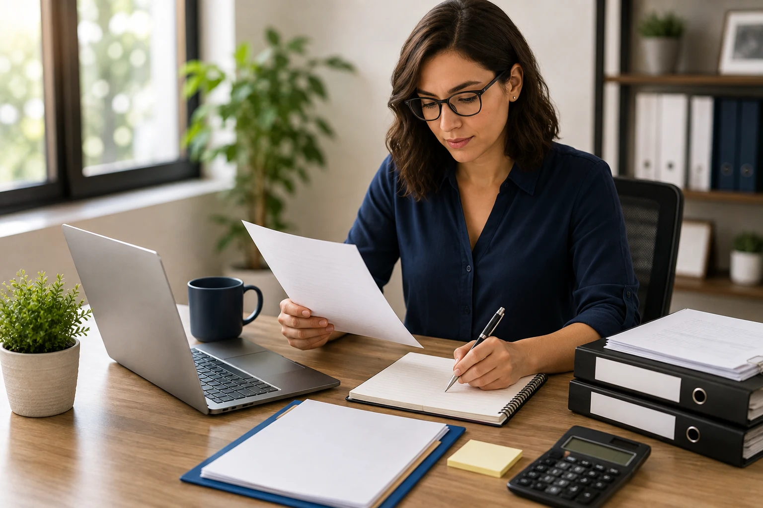 Property manager reviewing invoices and financial records while preparing for an accounts payable audit.