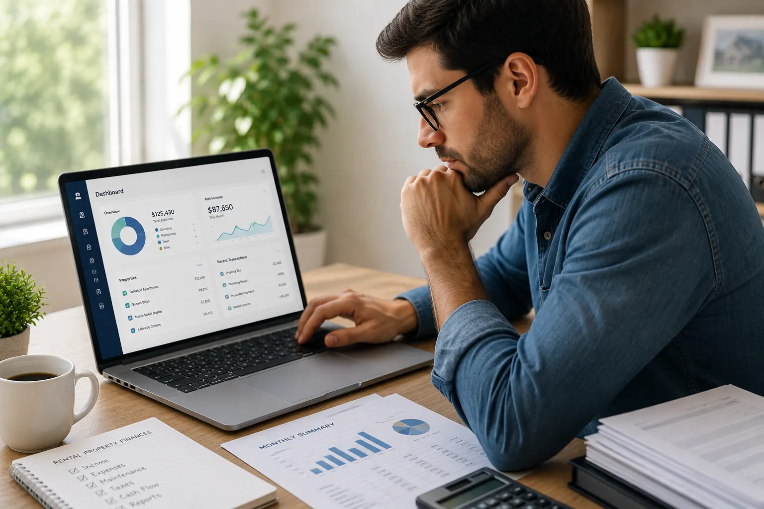Landlord reviewing rental property accounting software and financial reports on a laptop
