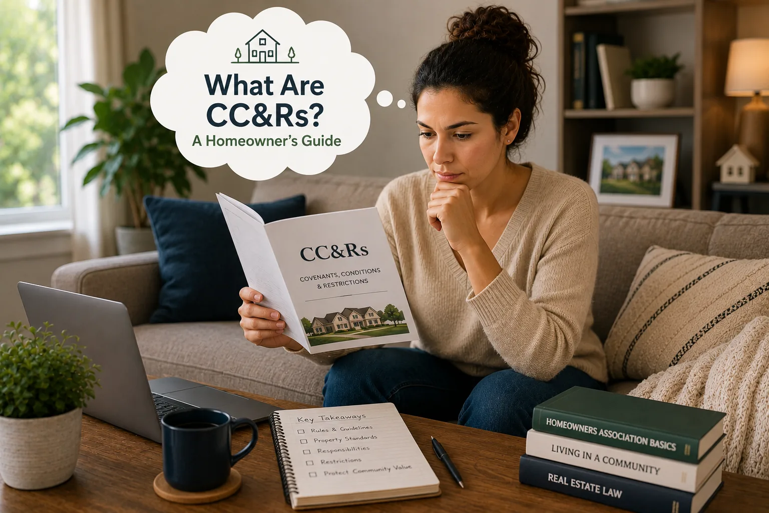 Homeowner sitting on a couch reading CC&Rs and wondering what community covenants, conditions, and restrictions mean.