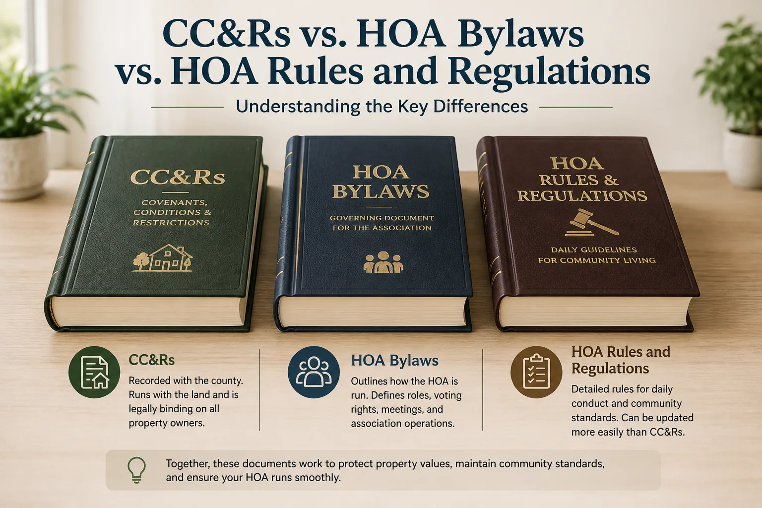 CC&Rs, HOA bylaws, and HOA rules and regulations shown as three governing document books with their key differences.