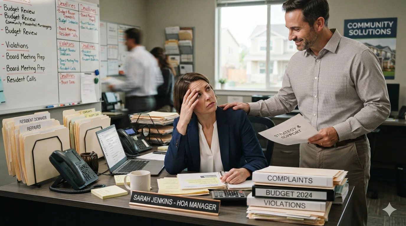 Overworked HOA manager at a cluttered desk receiving support from a colleague while handling budgets, violations, resident complaints, and board meeting tasks.