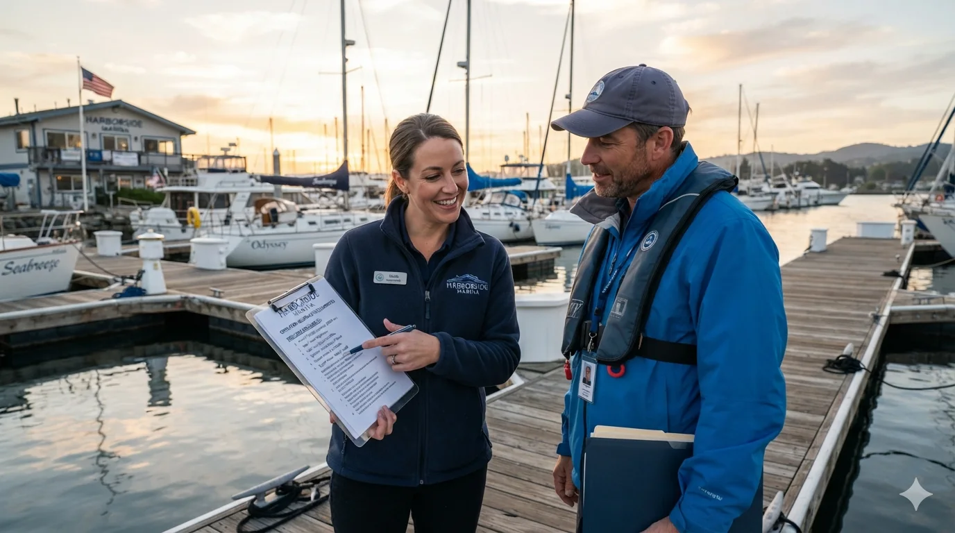 Marina insurance requirements for operators reviewed by marina management staff on a dock surrounded by boats and marina slips.