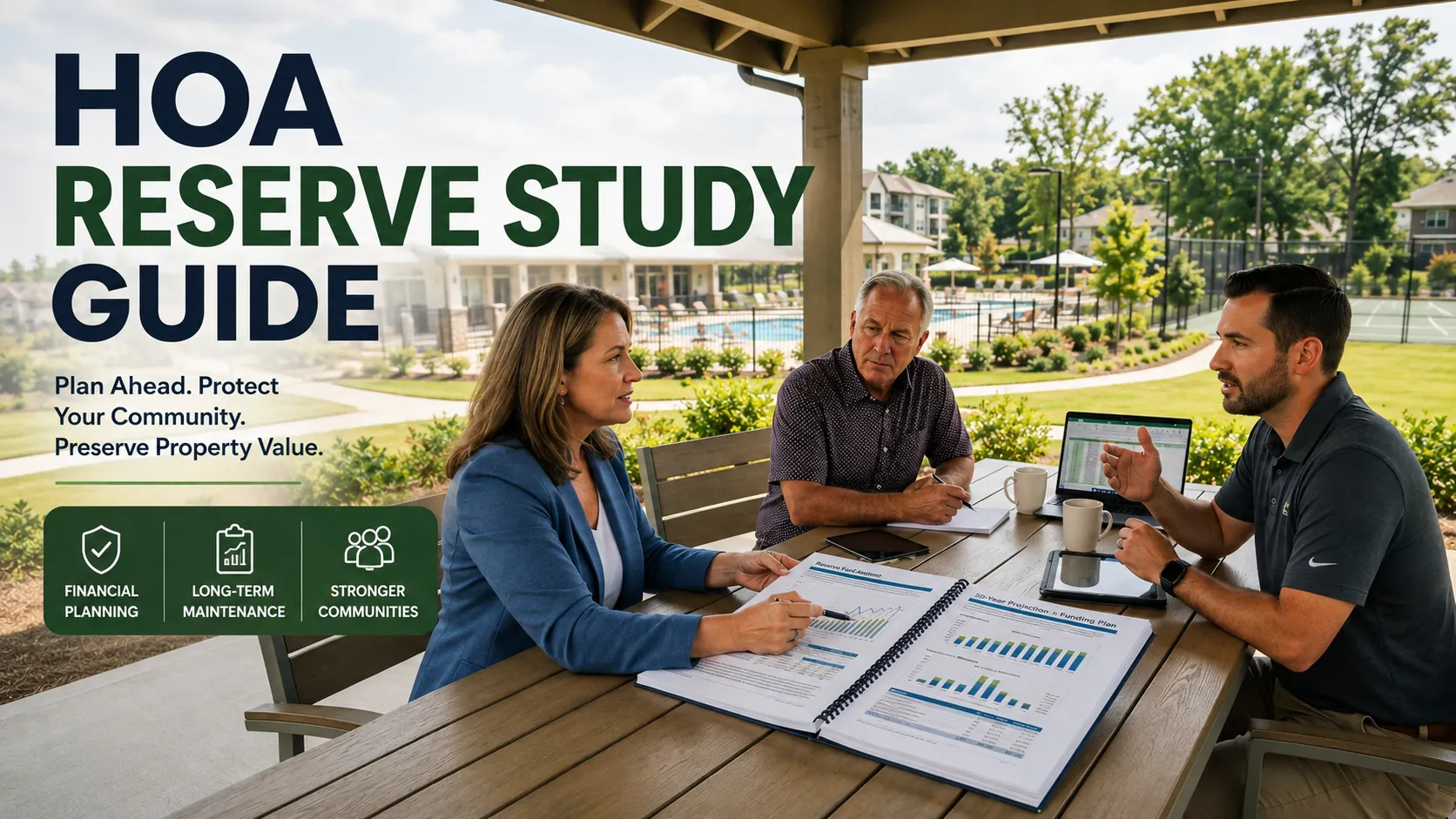 HOA Reserve Study Guide showing community board members reviewing reserve funding, financial planning, and long-term maintenance needs