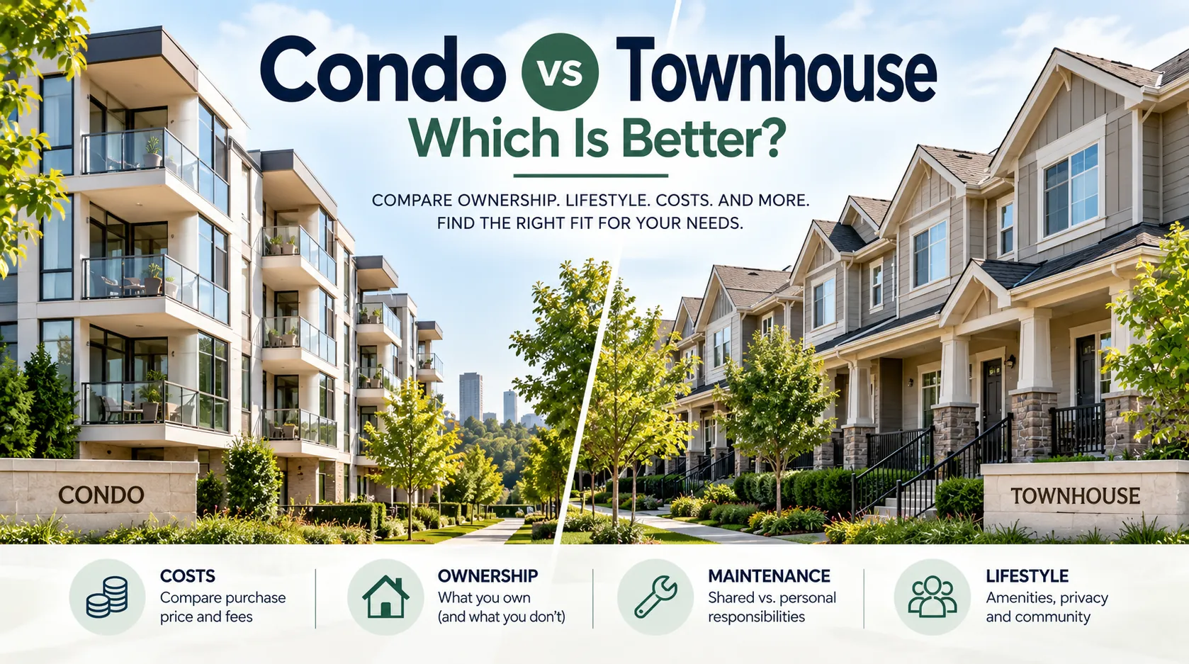 Condo vs townhouse comparison showing differences in costs, ownership, maintenance, and lifestyle.