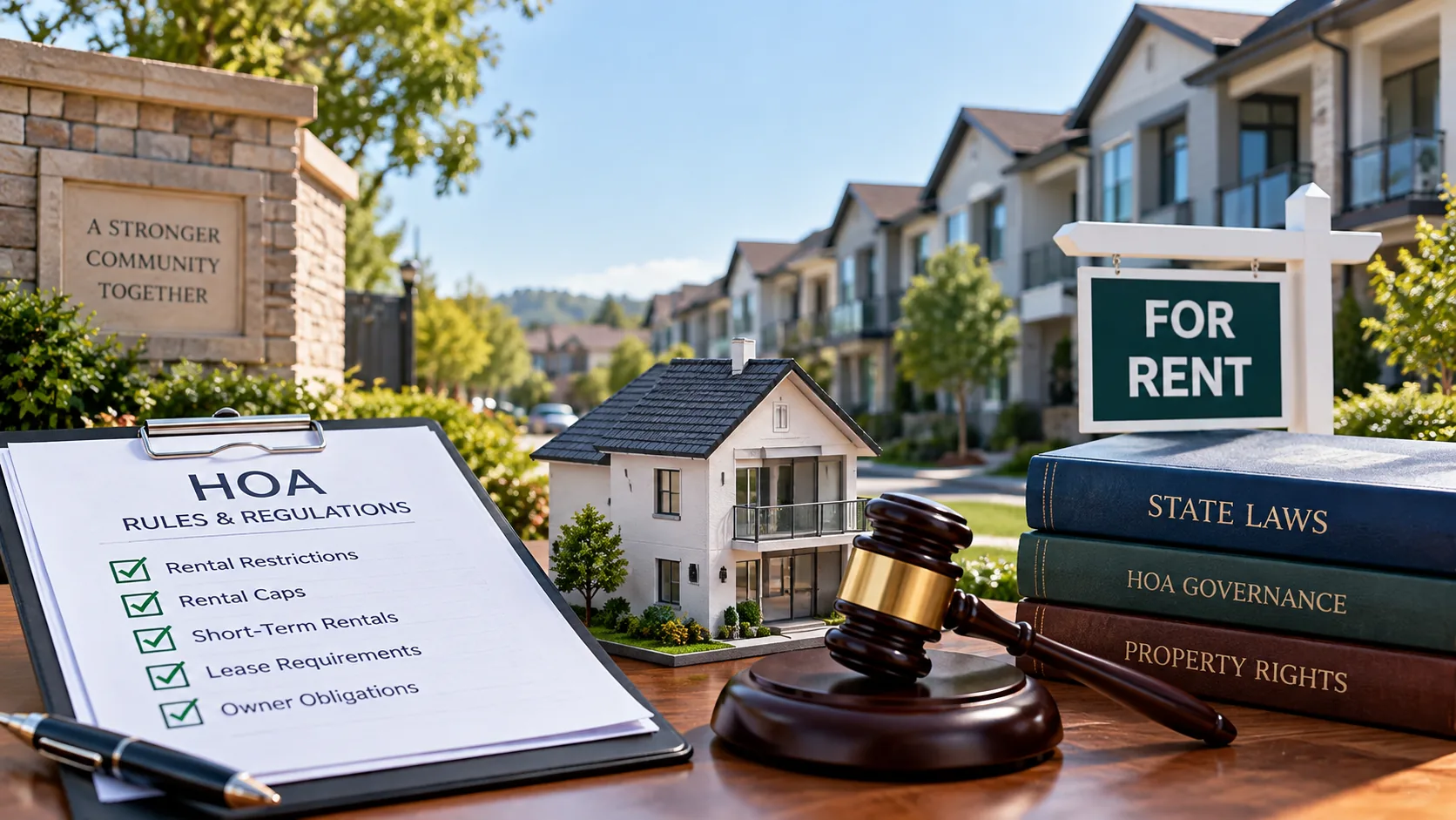 HOA rental restrictions and rental caps illustrated with community homes, a for-rent sign, HOA rules checklist, state law books, and a legal gavel.