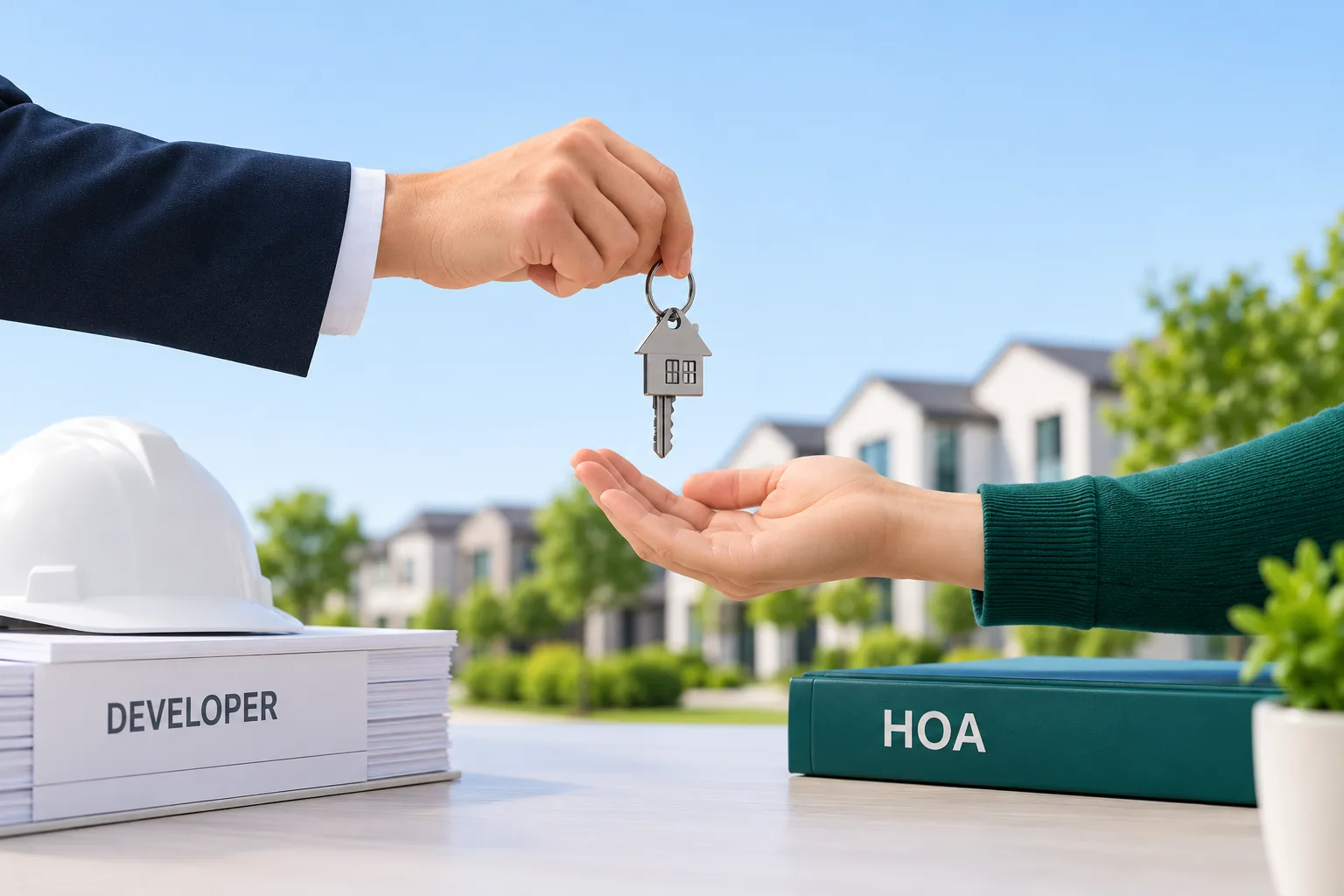 Person holding out hands comparing ManageCasa and Buildium logos, illustrating a property management software comparison.