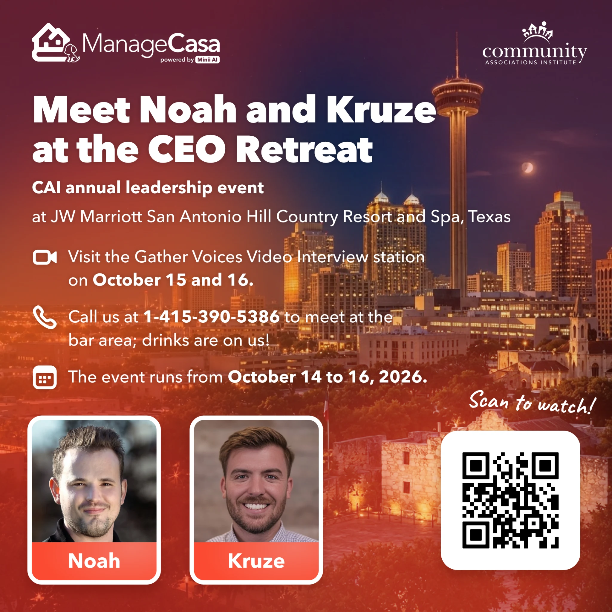 ManageCasa at the 2026 CAI CEO Retreat in San Antonio, Texas, featuring Noah and Kruze and event details.