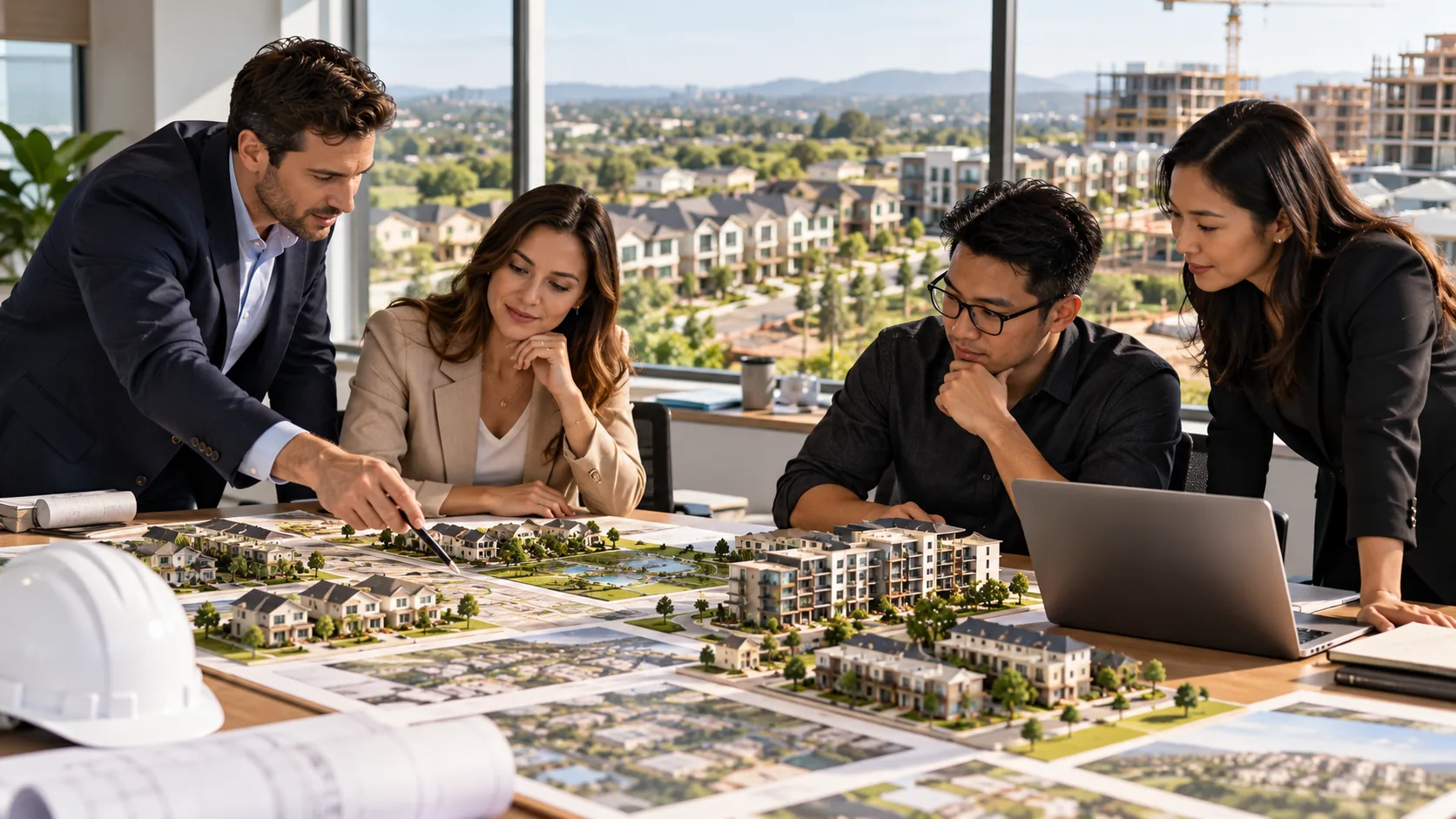 Real estate development team reviewing community plans and models while managing multiple residential communities.
